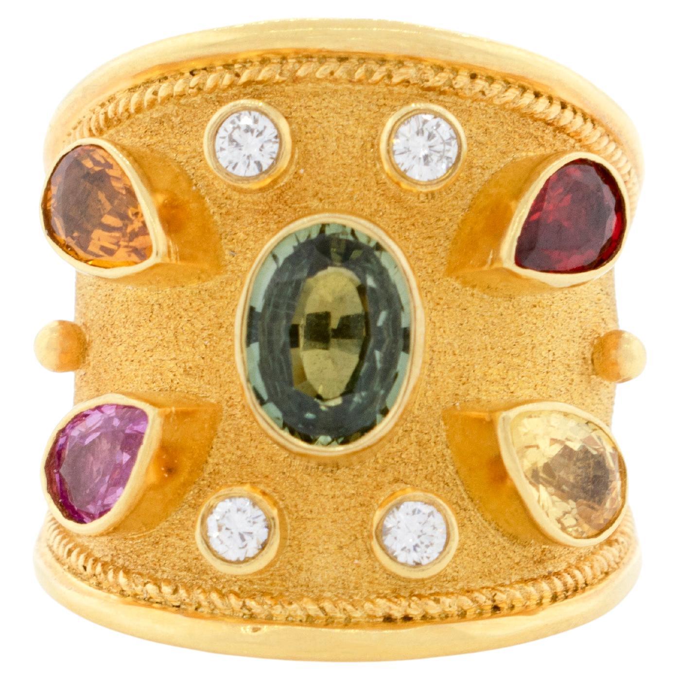 Byzantine Ring with Fancy Colored Sapphires and Diamonds in 18k Yellow Gold For Sale