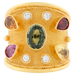 Byzantine Ring with Fancy Colored Sapphires and Diamonds in 18k Yellow Gold