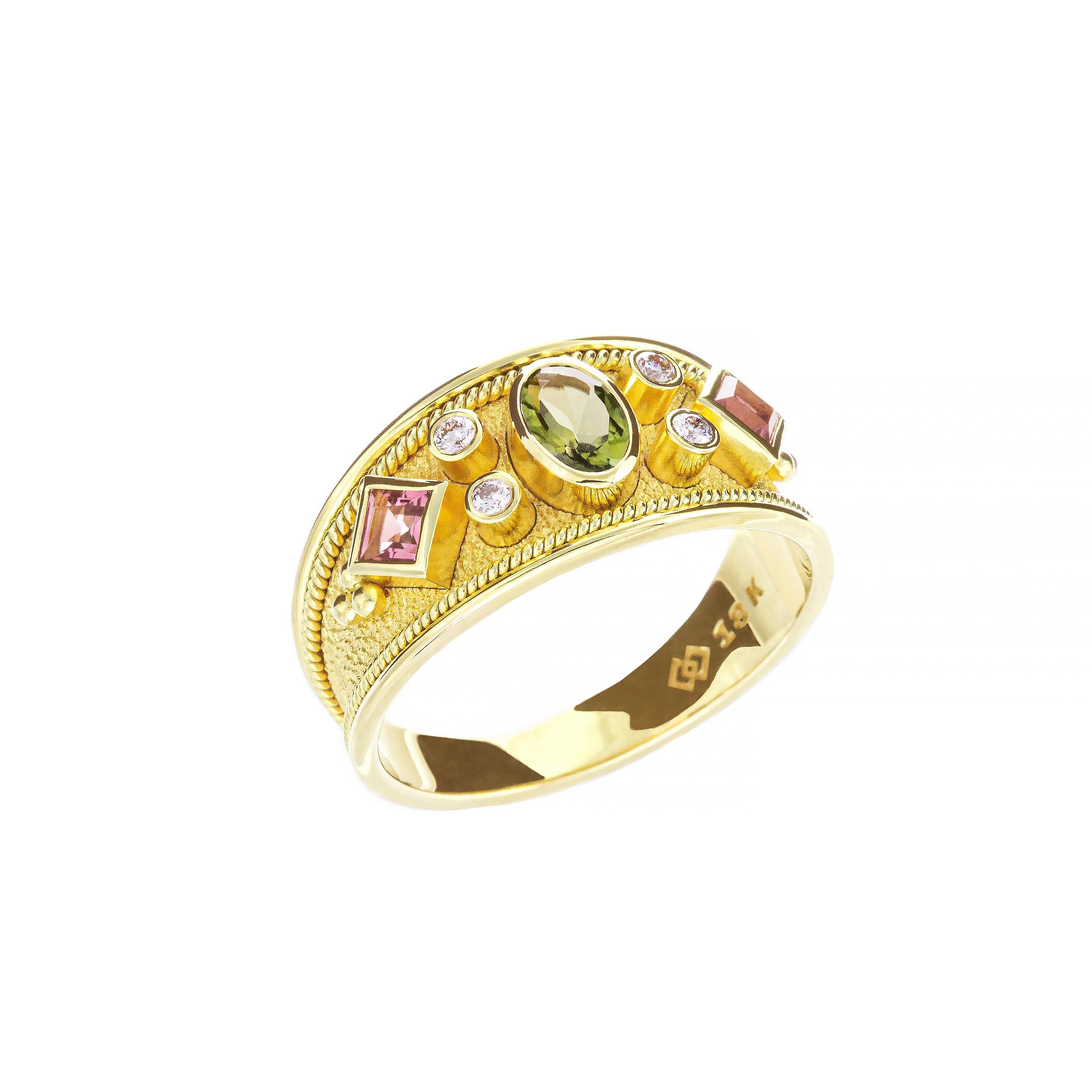 byzantinischer Ring mit Turmalinen und Diamanten im Zustand „Neu“ im Angebot in Athens, GR