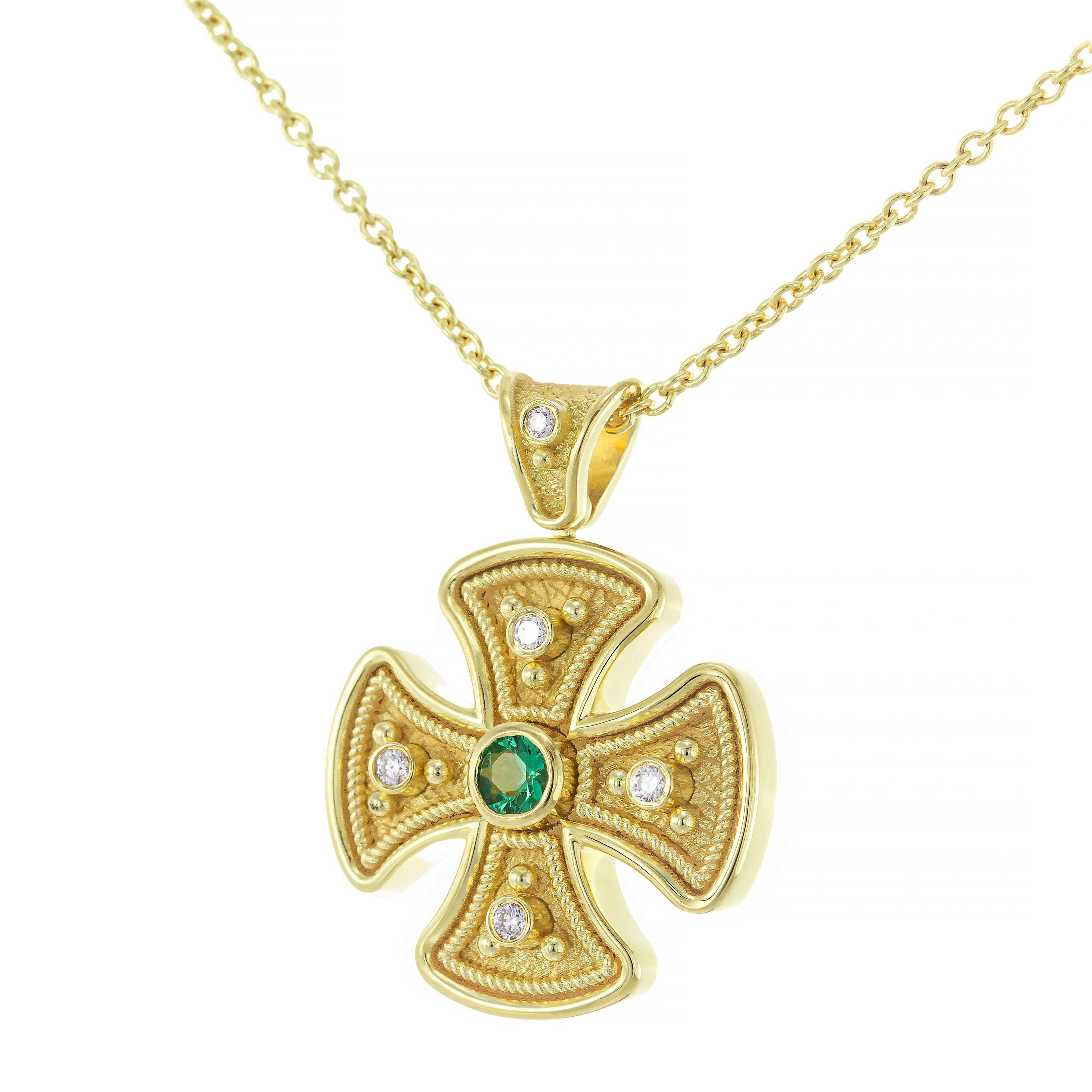 Round Cut Byzantine Round Cross Pendant with Emerald and Diamonds For Sale