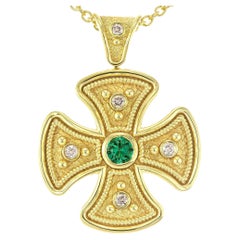 Byzantine Round Cross Pendant with Emerald and Diamonds