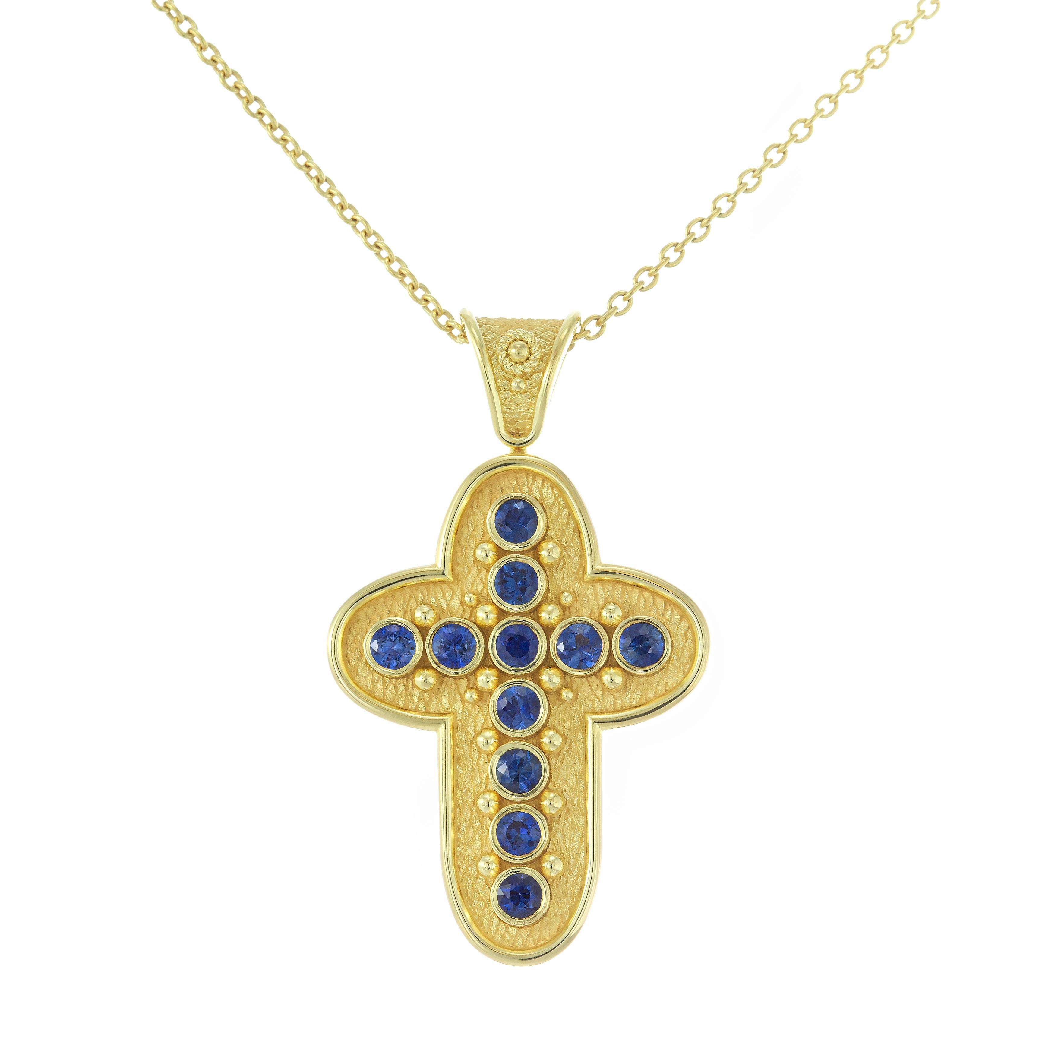 Round Cut Byzantine Rounded Cross Pendant with Sapphires For Sale