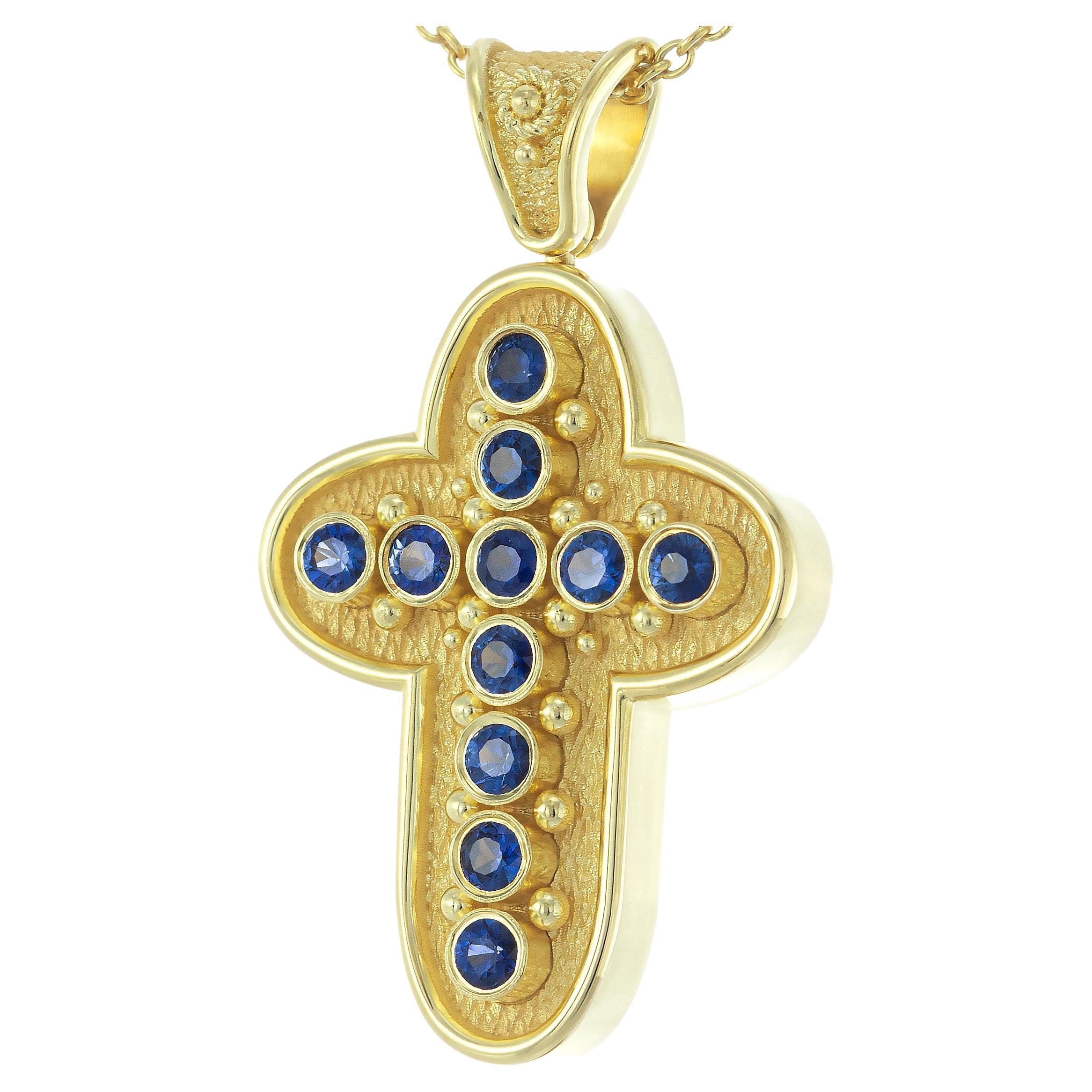 Byzantine Rounded Cross Pendant with Sapphires For Sale