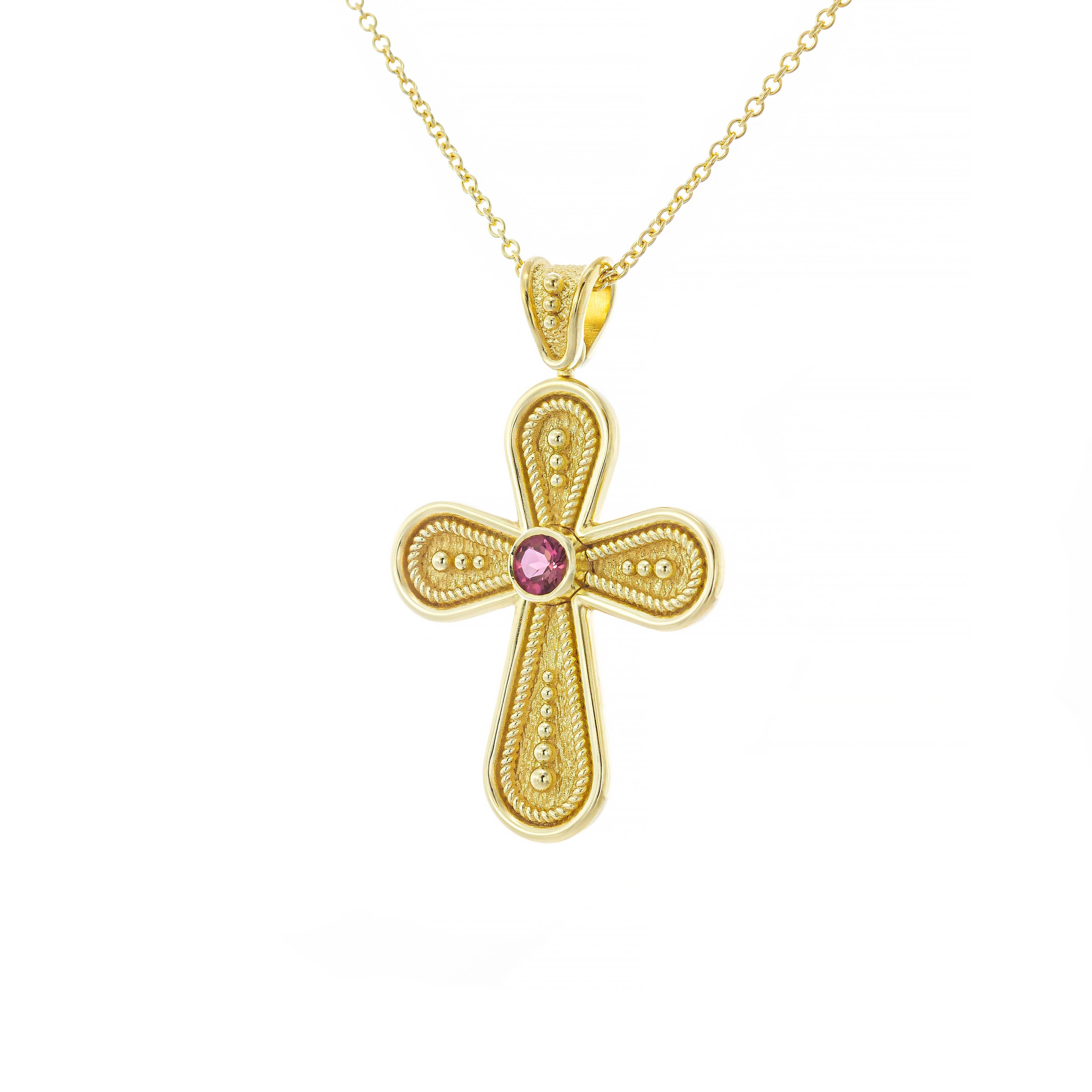 Byzantine Rounded Cross with Pink Tourmaline In New Condition For Sale In Athens, GR