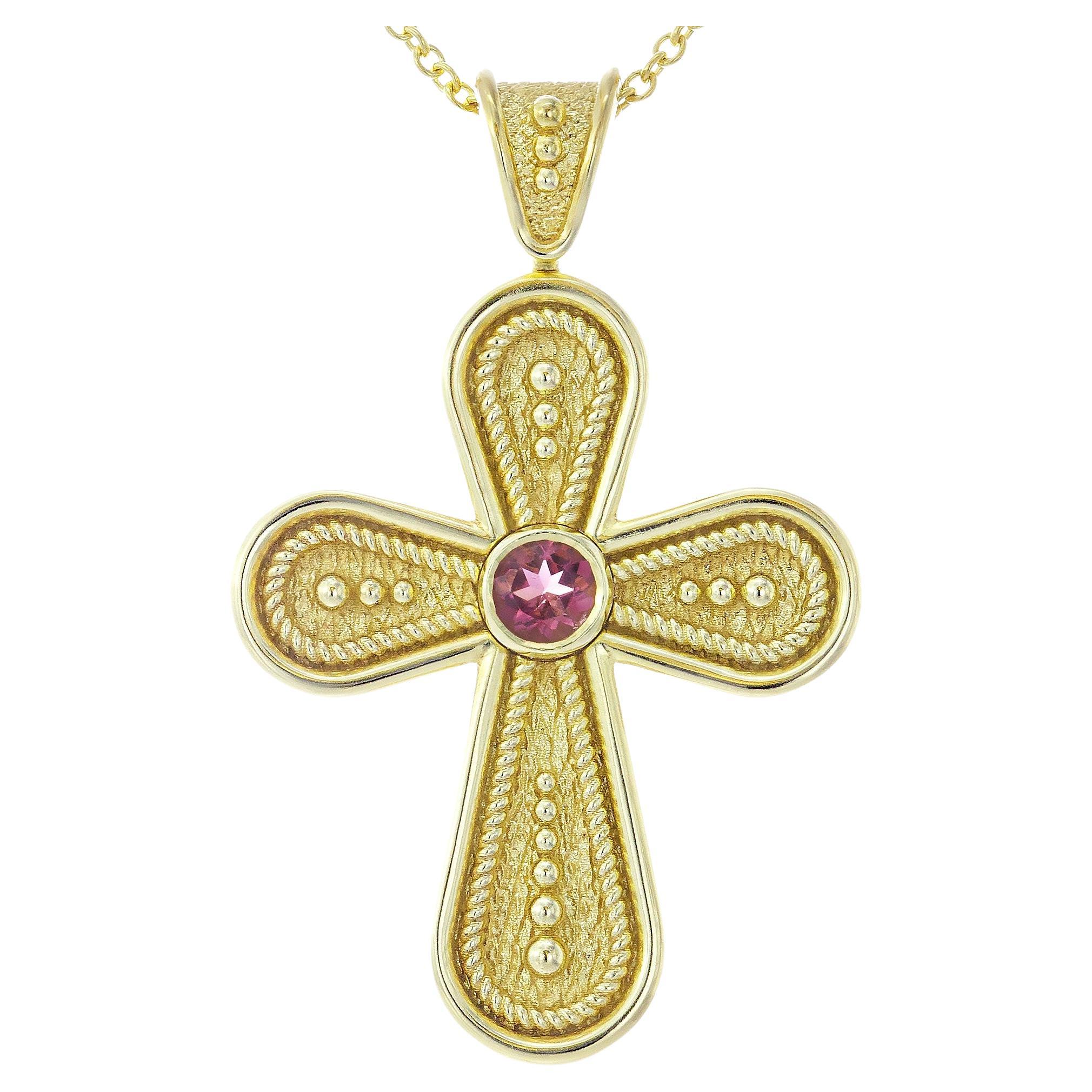 Croix ronde byzantine avec tourmaline rose