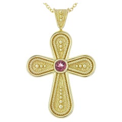 Croix ronde byzantine avec tourmaline rose