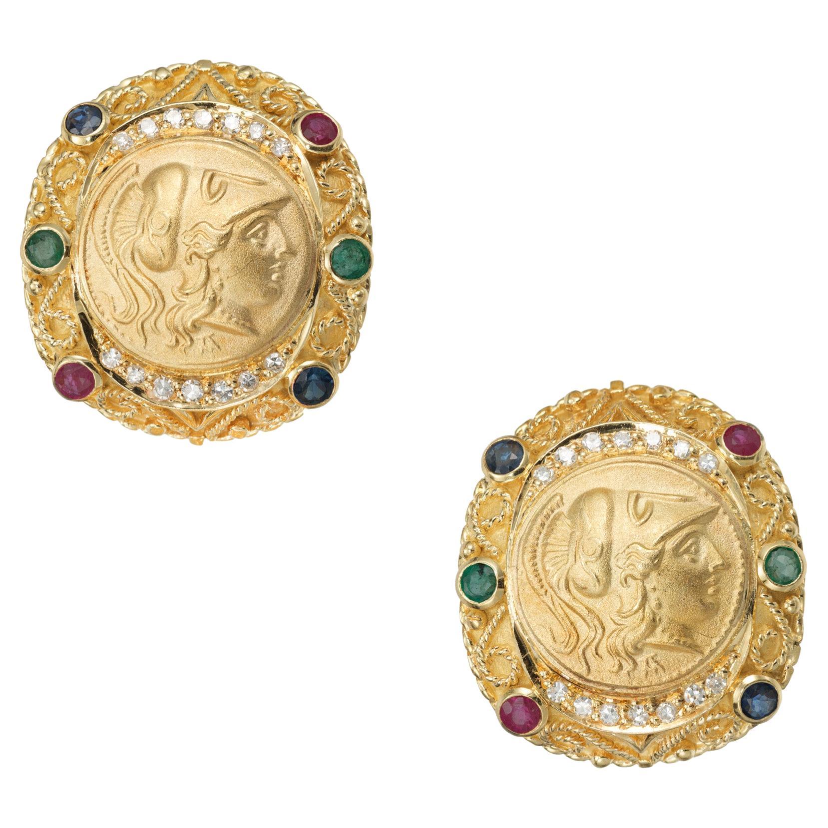Byzantine Sapphire Diamon Ruby Emerald Yellow Gold Clip Post Earrings  For Sale