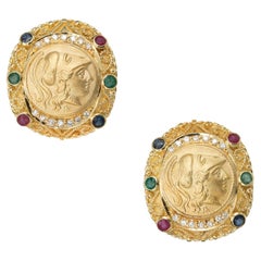 Boucles d'oreilles à clip en or jaune saphir diamant rubis émeraude byzantine 