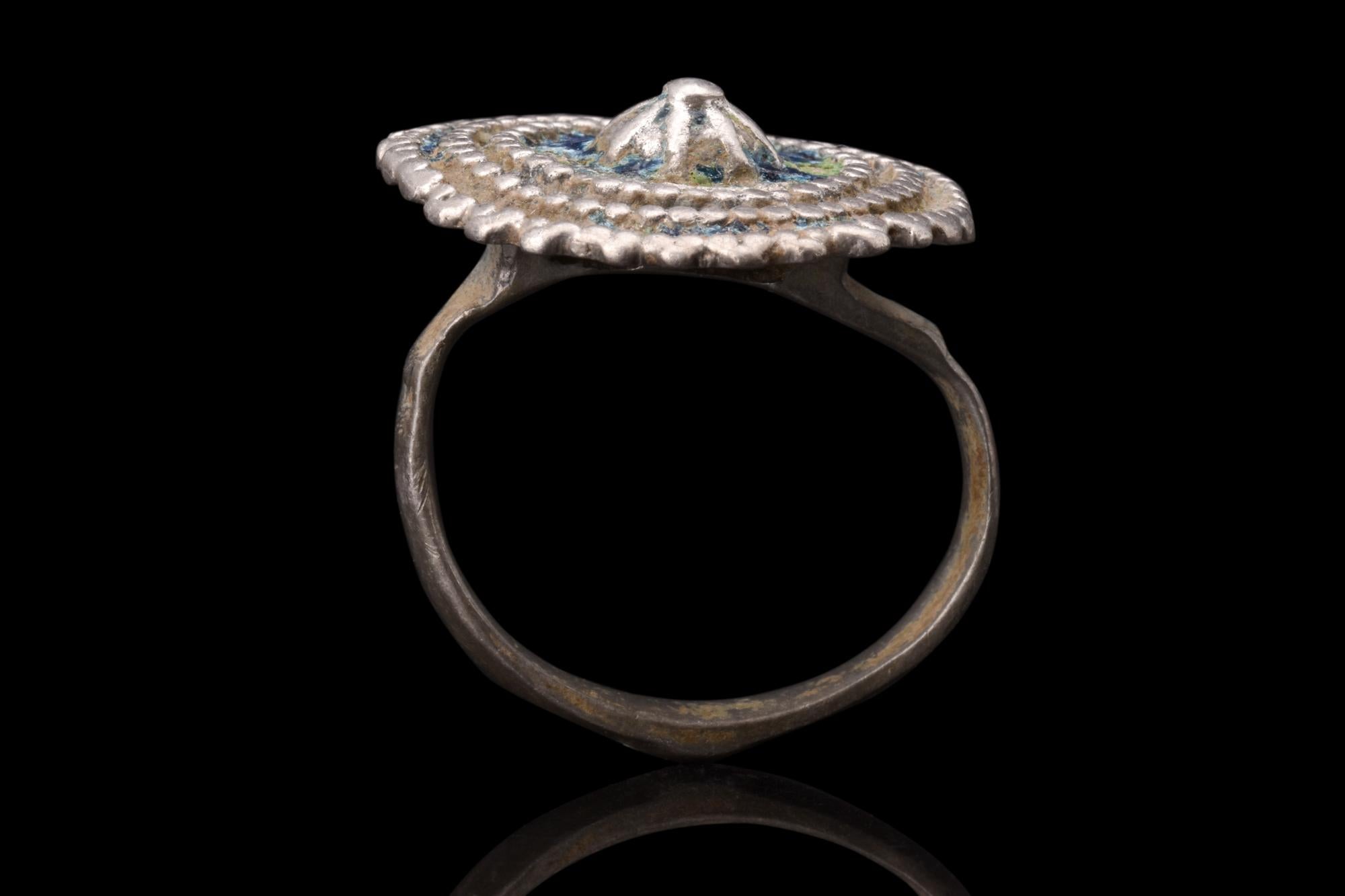 18th Century and Earlier Byzantine Silver Ring with Granulated Shield Bezel For Sale