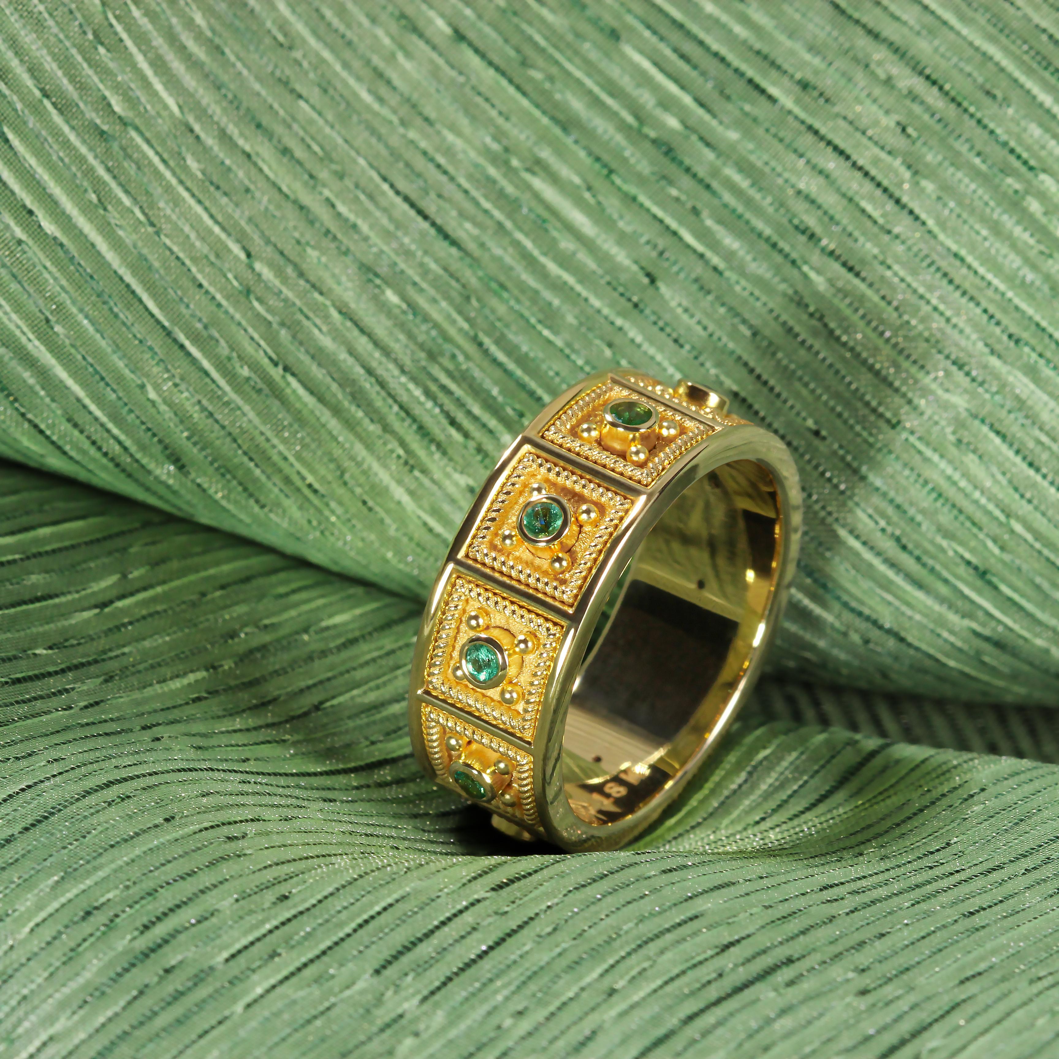 Women's or Men's Byzantine Square Gold Ring with Emeralds For Sale