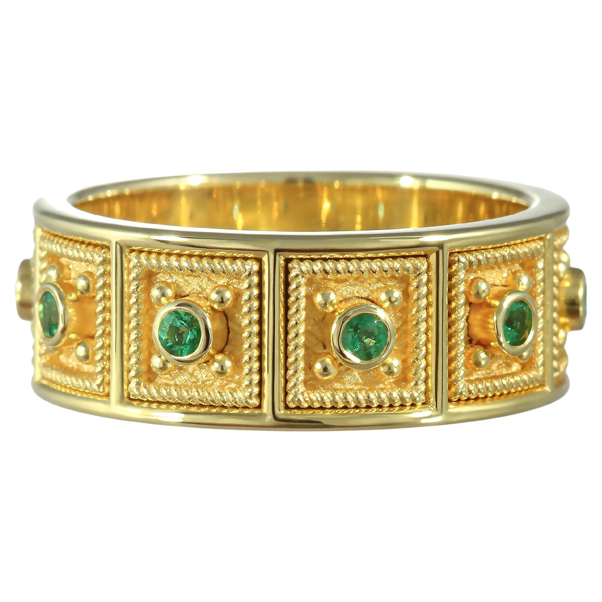 Byzantine Square Gold Ring with Emeralds For Sale