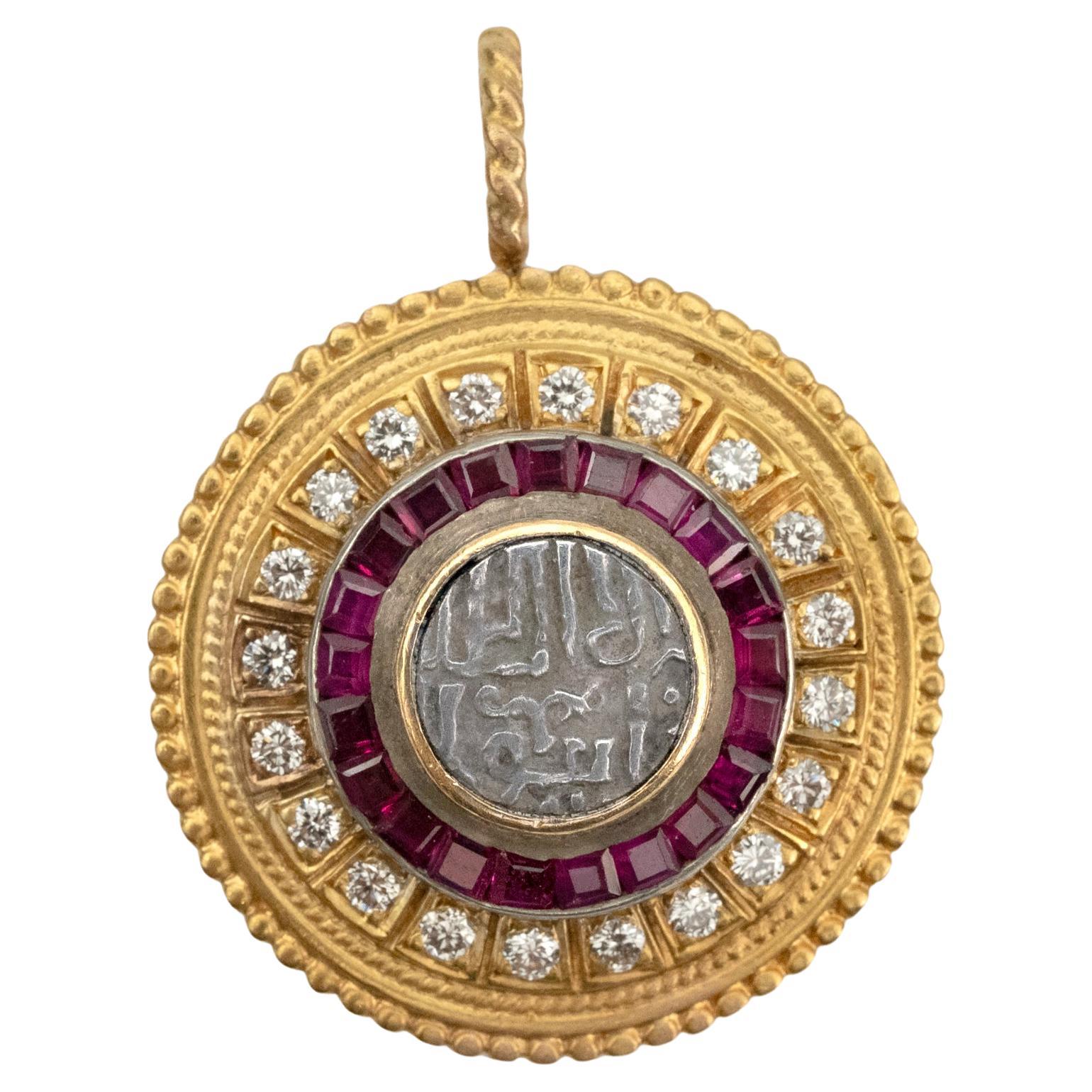 Byzantine Style 22-Kt Gold Pendent with Antique Coin, Ruby, Diamonds For Sale