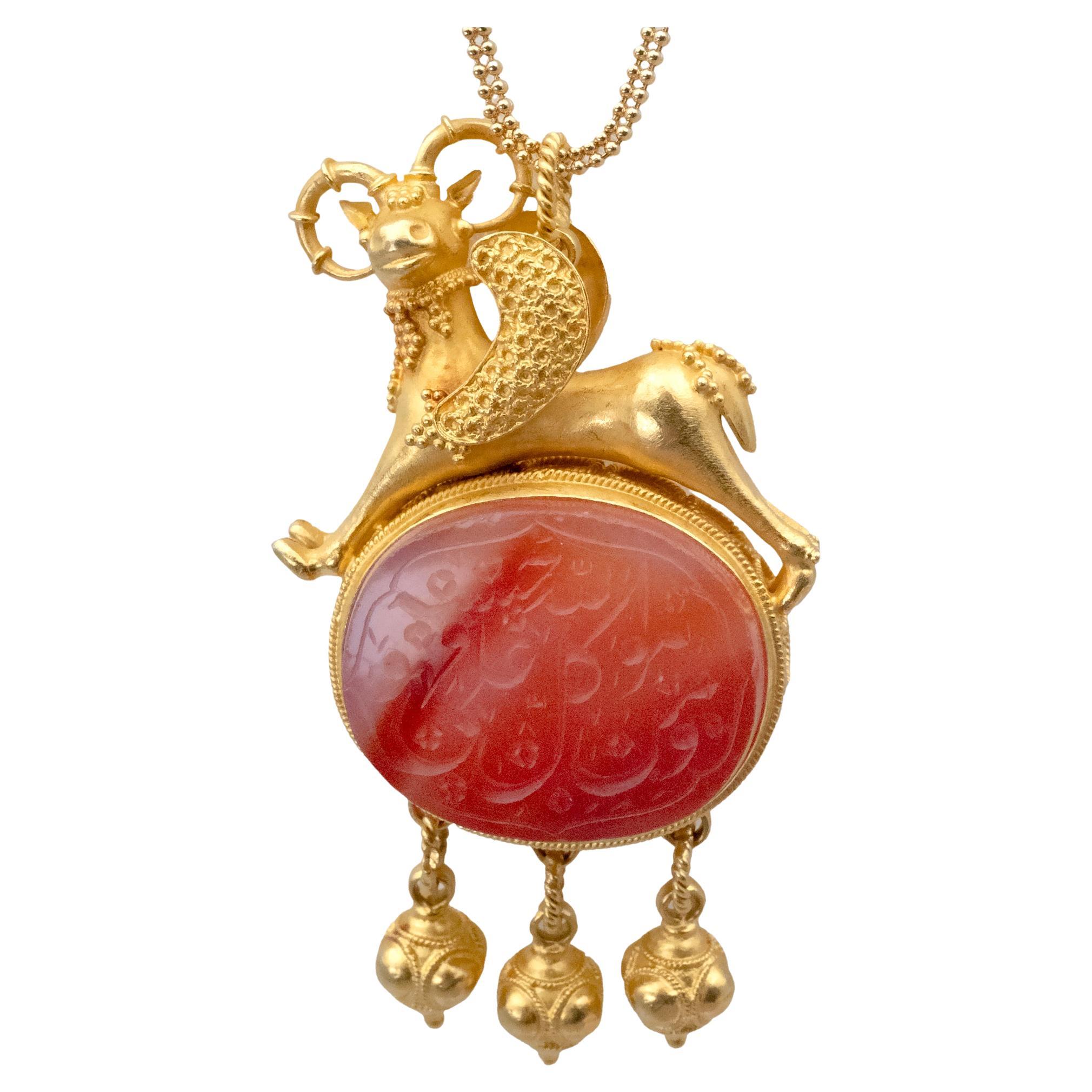 Byzantine-Style 22k Gold Pendant Brooch – Engraved Carnelian Animal Jewelry