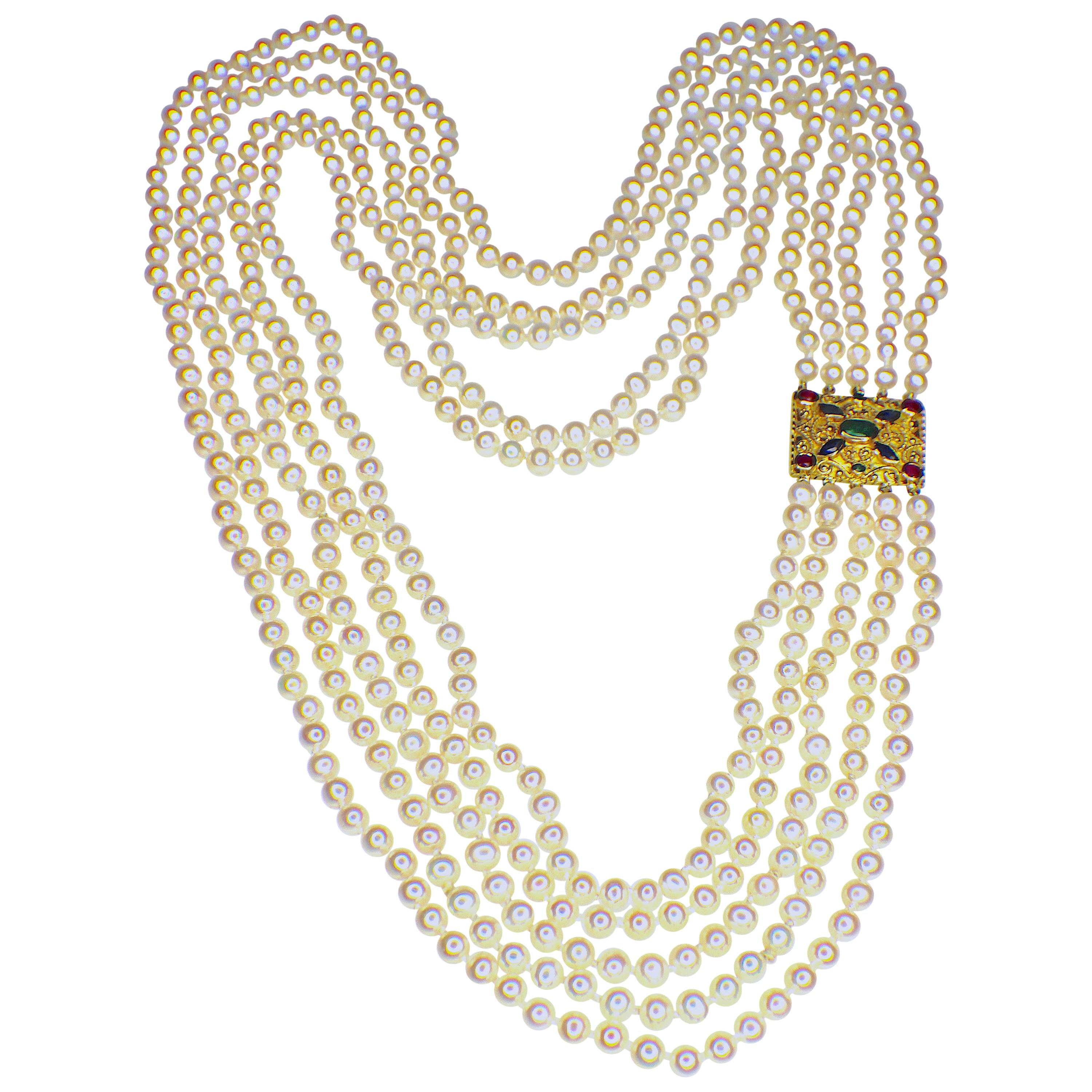 GEMOLITHOS Byzantine Style and Culttured Pearl Long Necklace For Sale