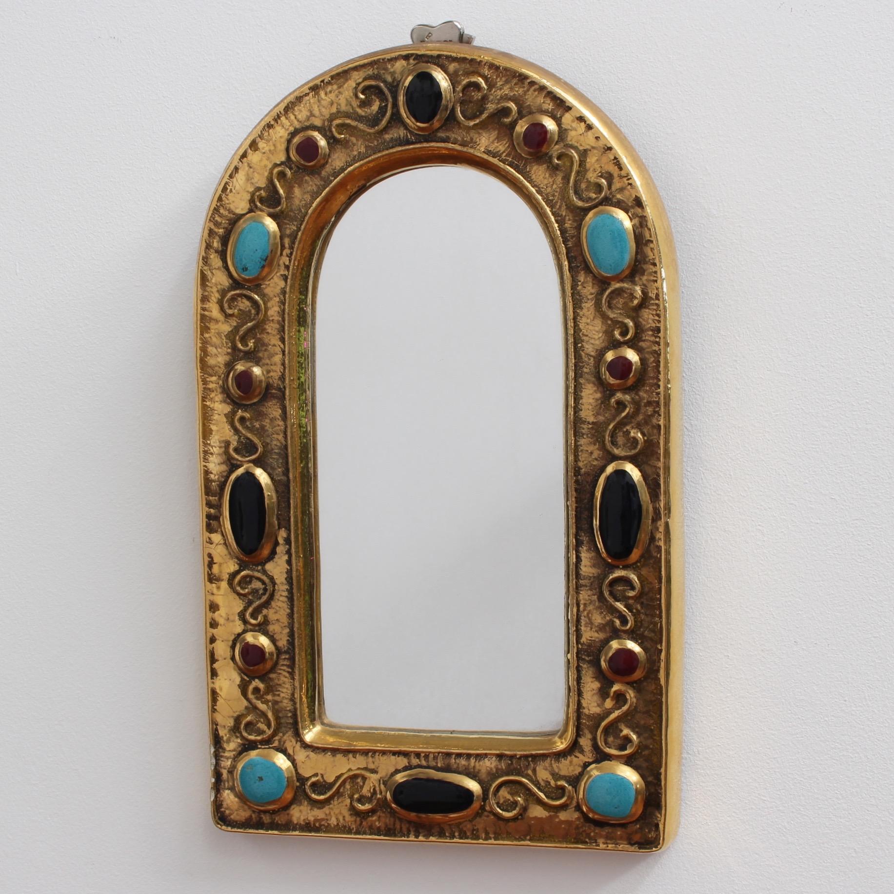 Byzantine Style Ceramic Wall Mirror by François Lembo, circa 1960s-1970s In Good Condition In London, GB