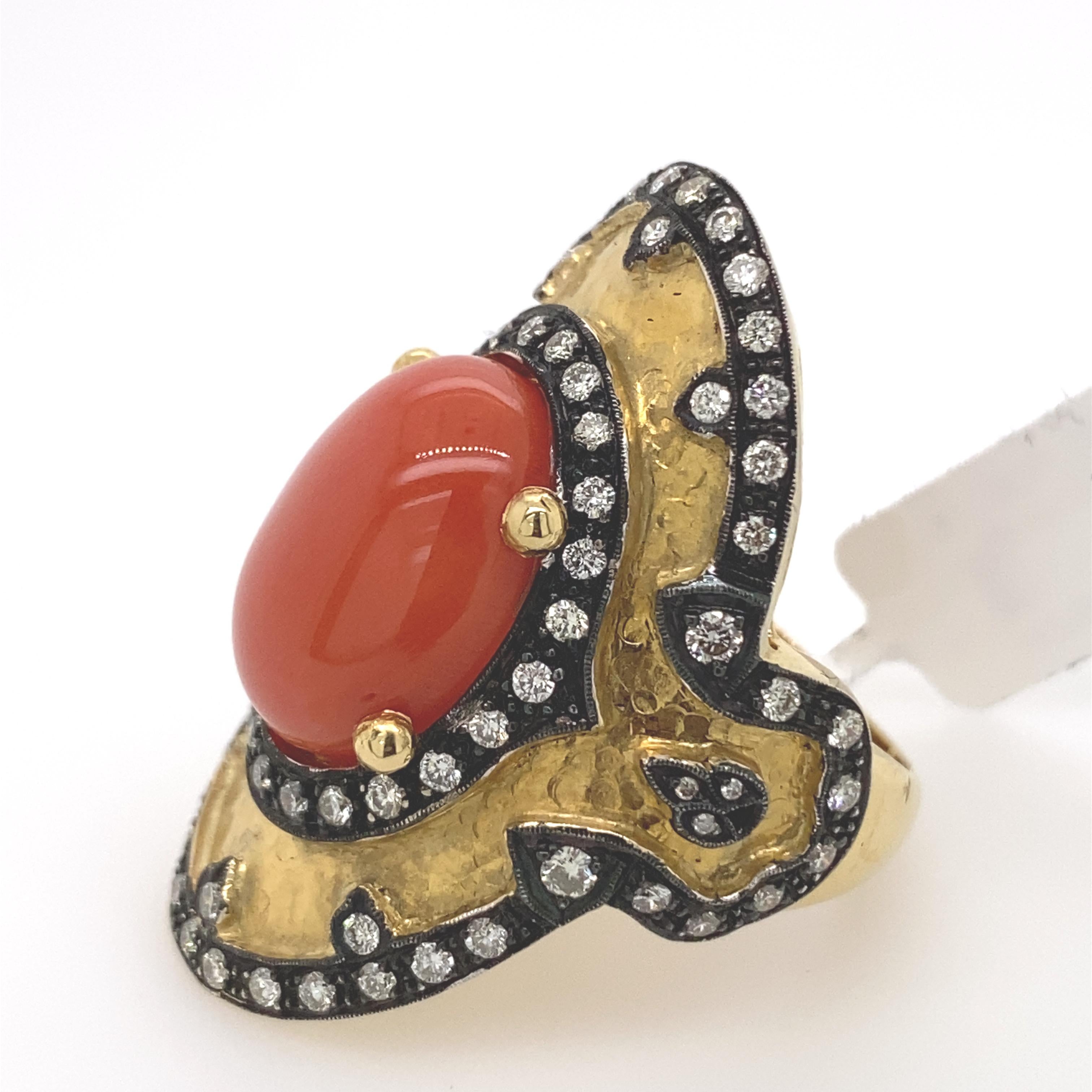 Cabochon Byzantine Style Coral and Diamond Hammered Finished Ring 18 Karat Yellow Gold