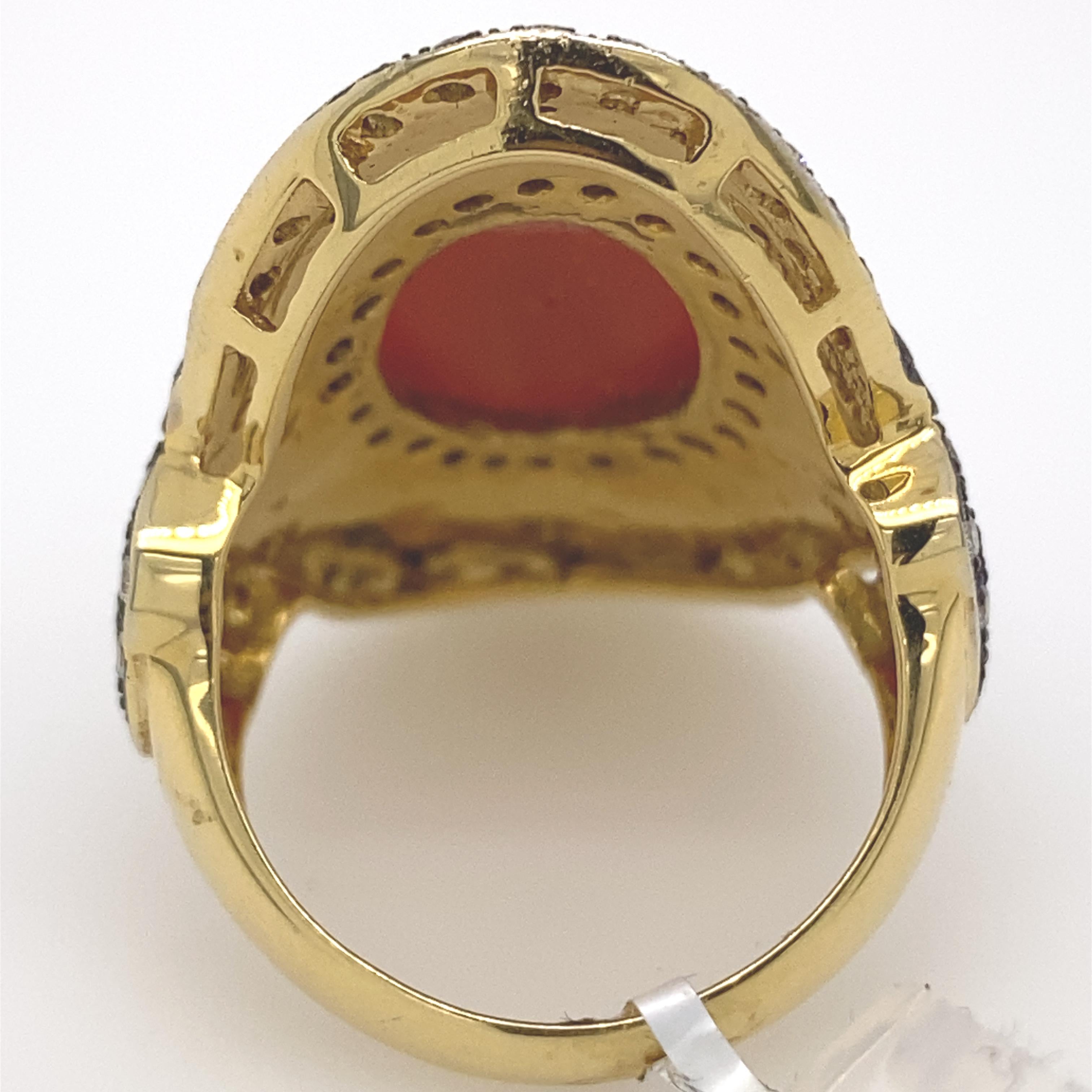 Byzantine Style Coral and Diamond Hammered Finished Ring 18 Karat Yellow Gold In New Condition In BEVERLY HILLS, CA