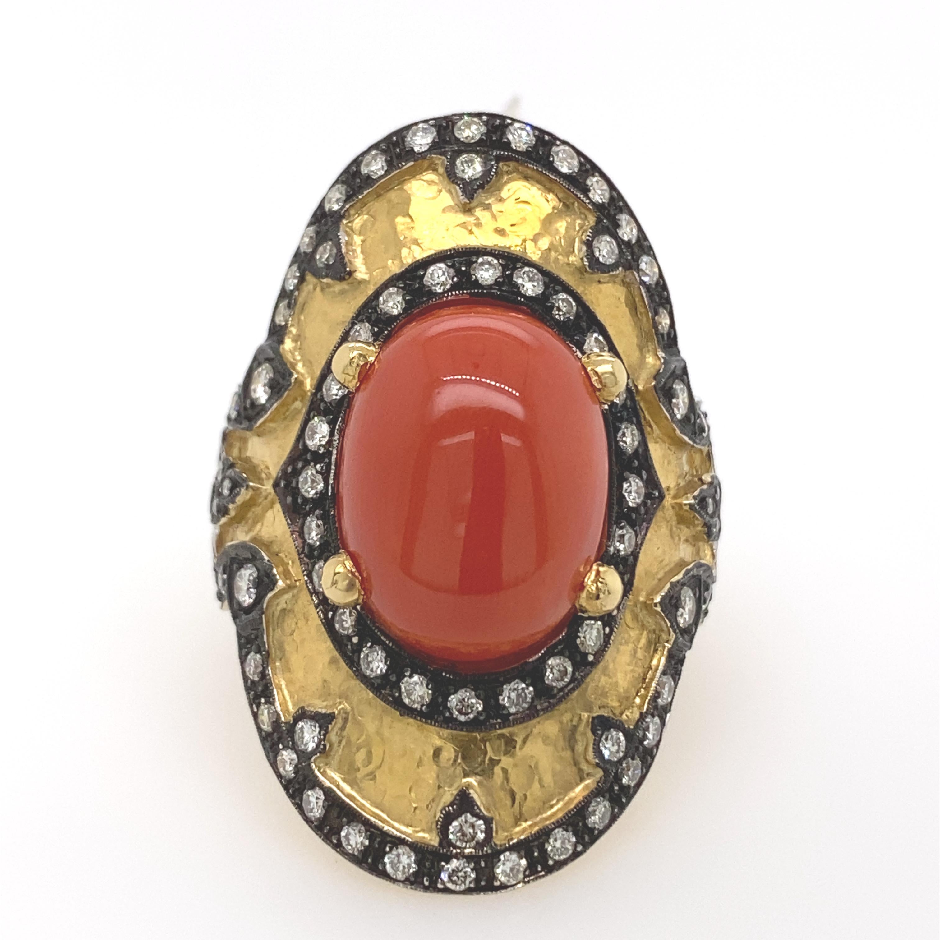 Women's Byzantine Style Coral and Diamond Hammered Finished Ring 18 Karat Yellow Gold