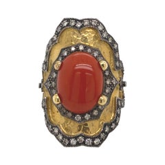 Antique Byzantine Style Coral and Diamond Hammered Finished Ring 18 Karat Yellow Gold