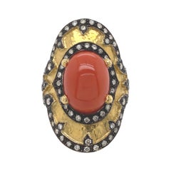 Byzantine Style Coral and Diamond Hammered Finished Ring 18 Karat Yellow Gold