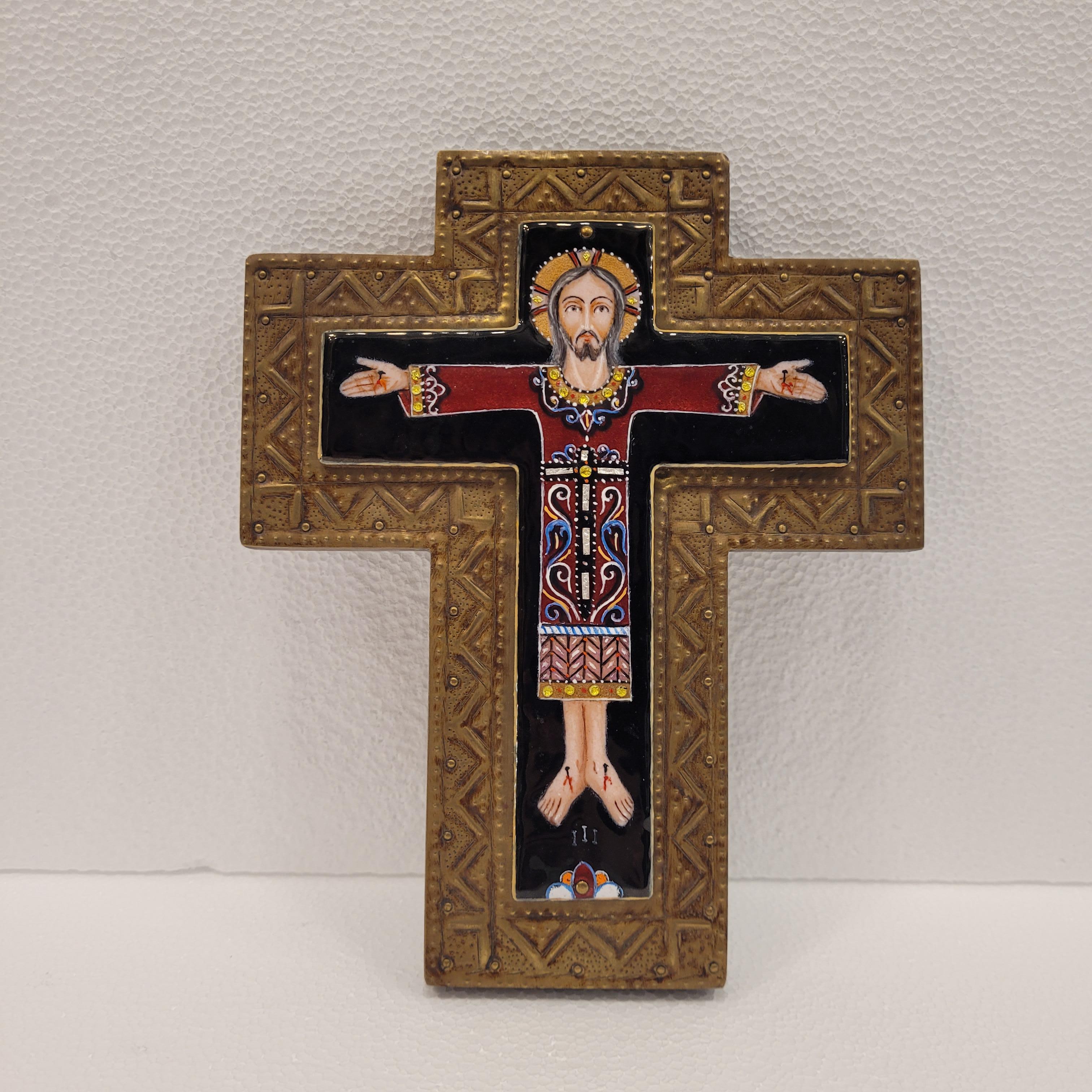 Women's or Men's Byzantine style cross in colored enamel brass and wood  For Sale