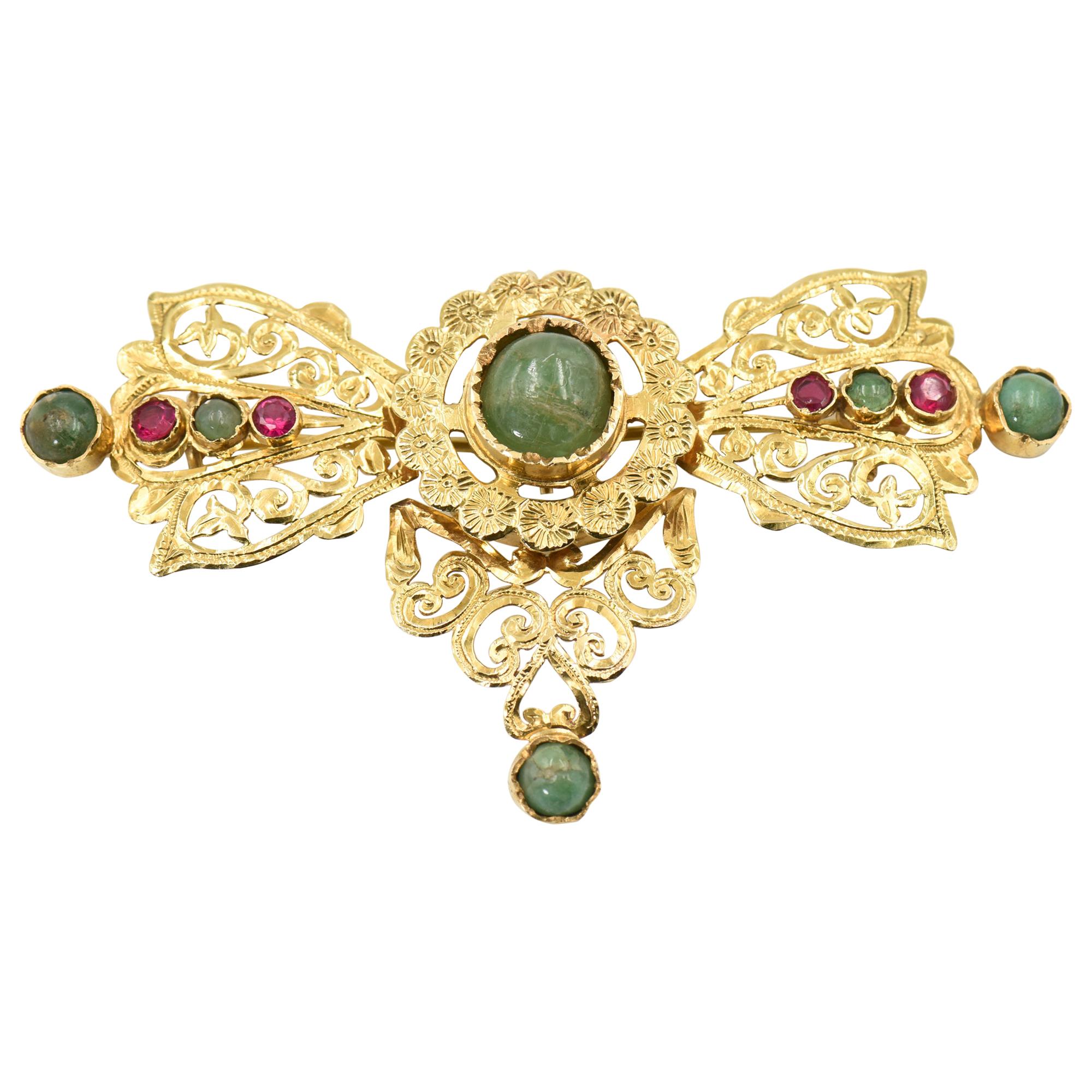 Byzantine Style Emerald and Ruby Filagree Yellow Gold Bow Brooch Pendant