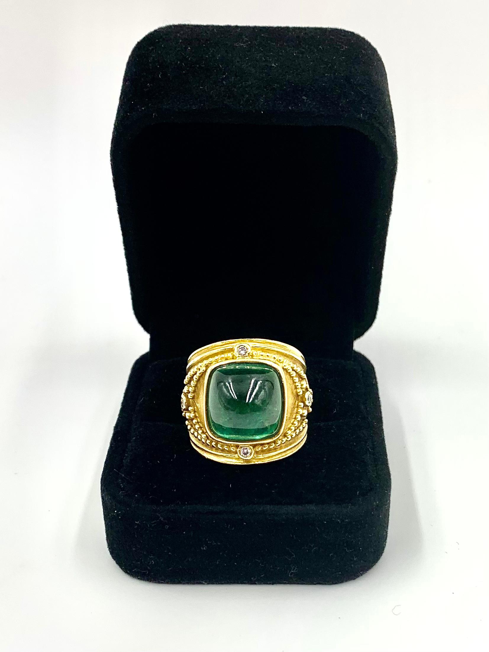 Women's or Men's Byzantine Style Emerald Green Cabochon Tourmaline, Diamond 18K Yellow Gold Ring For Sale