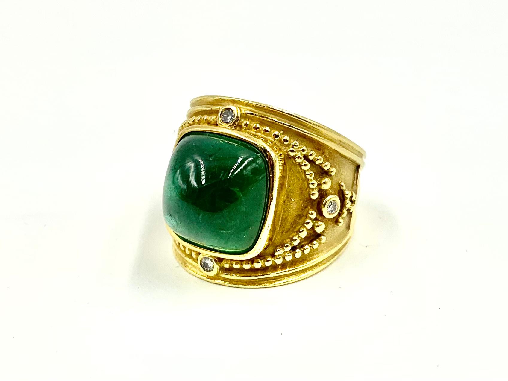 Byzantine Style Emerald Green Cabochon Tourmaline, Diamond 18K Yellow Gold Ring For Sale 4
