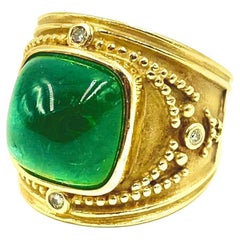 Byzantine Style Emerald Green Cabochon Tourmaline, Diamond 18K Yellow Gold Ring