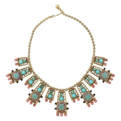 Antique Byzantine Style Faux Turquoise & Coral Bib Necklace