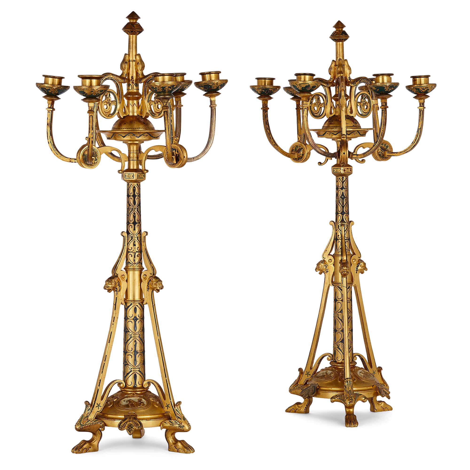 Byzantine Style Gilt Bronze and Champlevé Enamel Garniture by Raingo Frères For Sale 1
