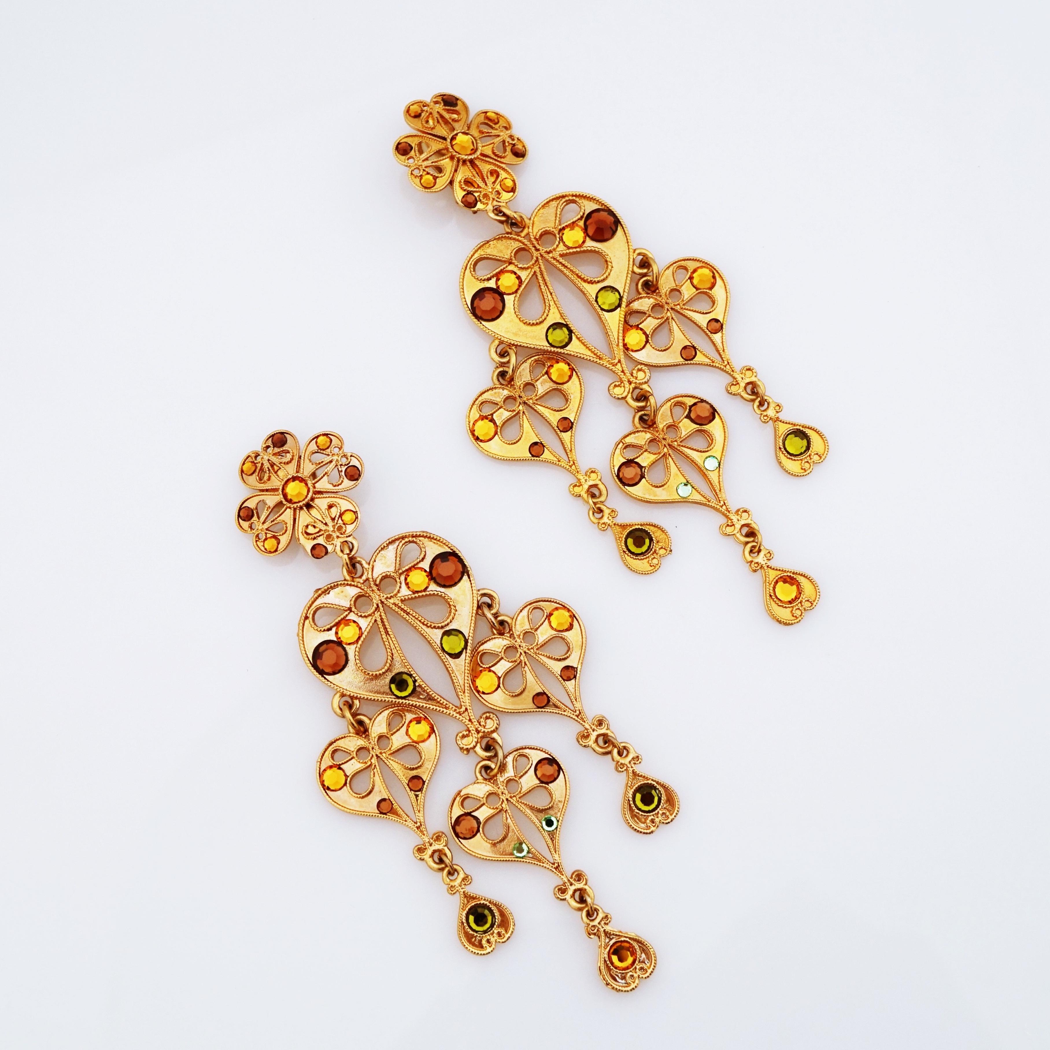 Modern Byzantine Style Heart Chandelier Statement Earrings, 1980s For Sale