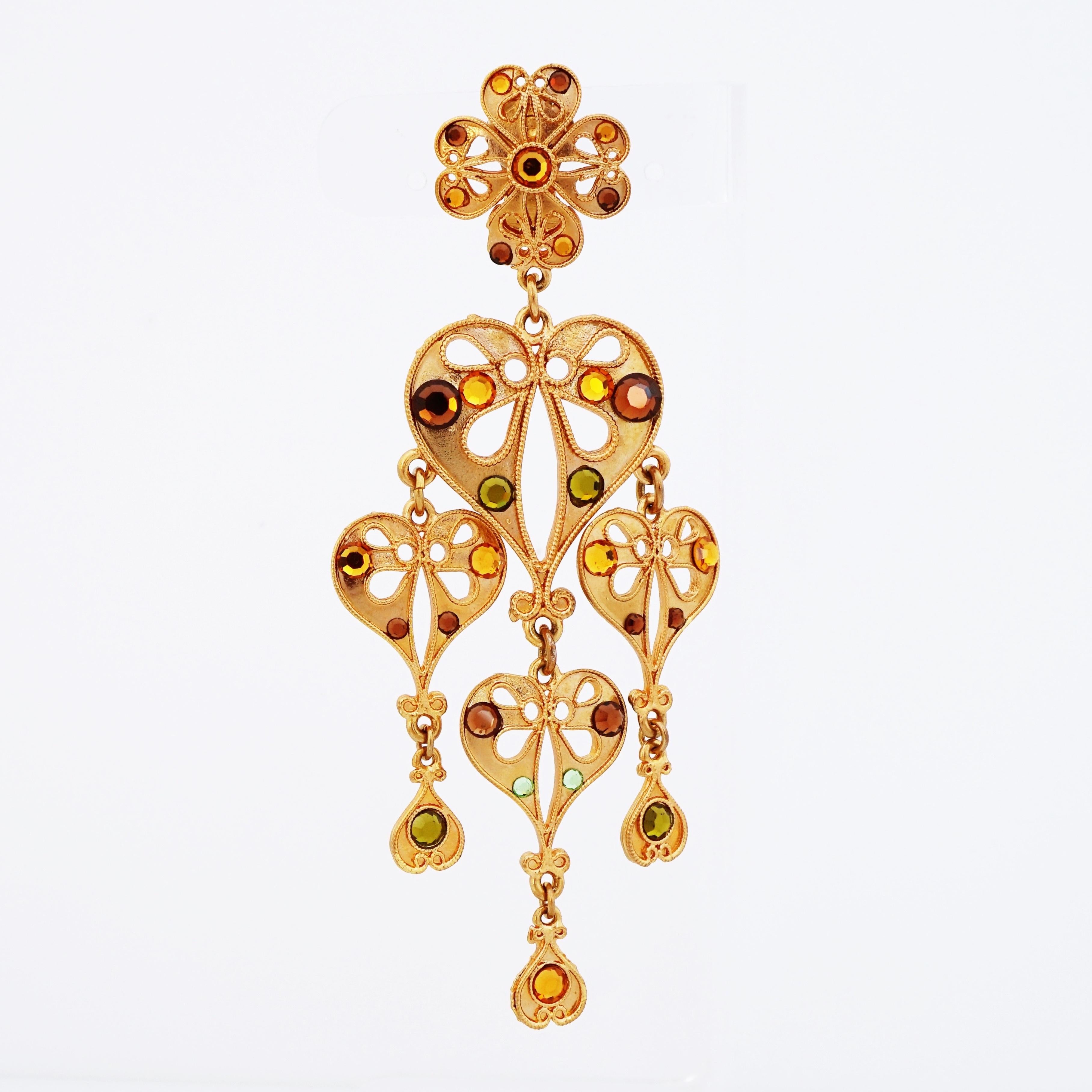 Byzantine Style Heart Chandelier Statement Earrings, 1980s In Good Condition For Sale In McKinney, TX