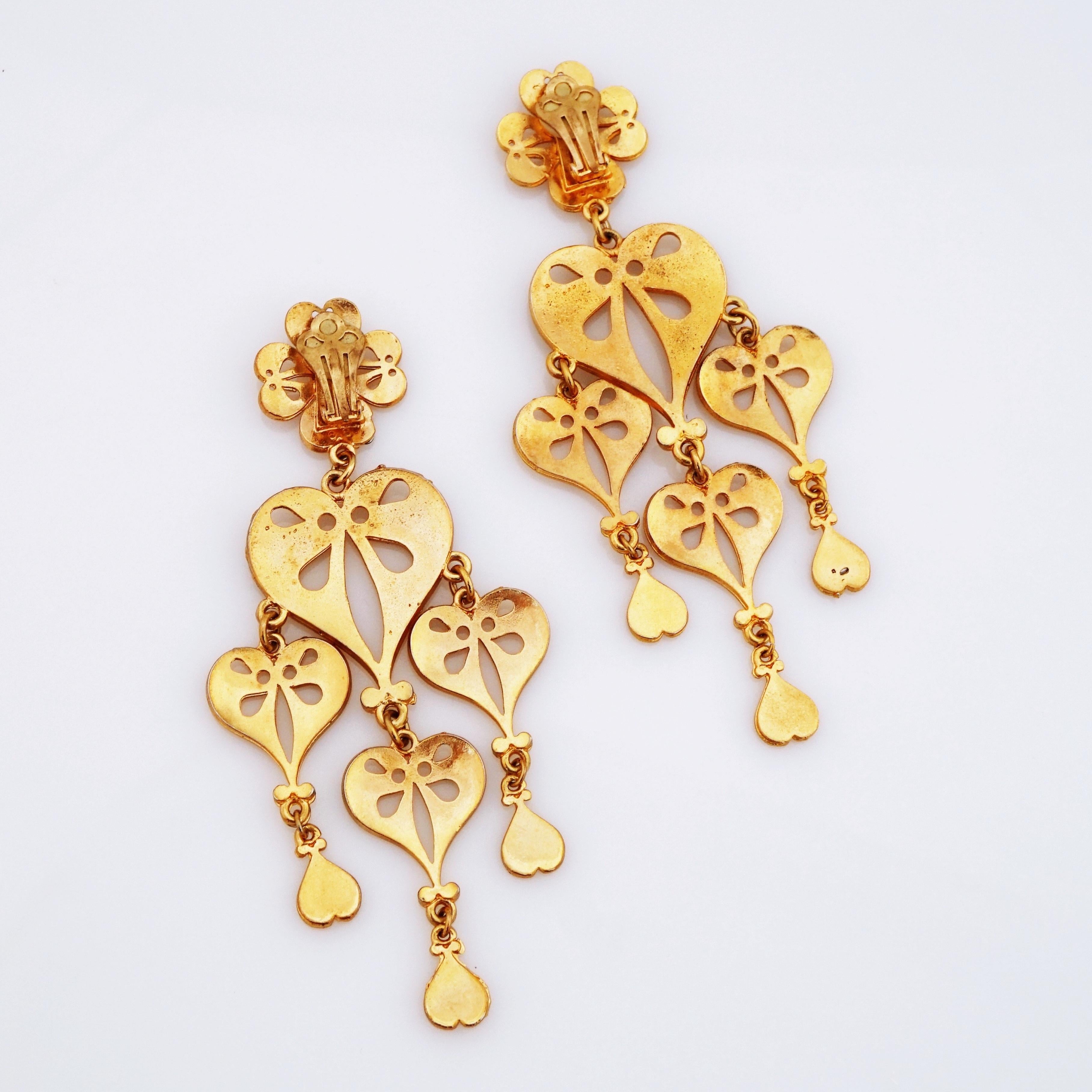 Women's Byzantine Style Heart Chandelier Statement Earrings, 1980s For Sale