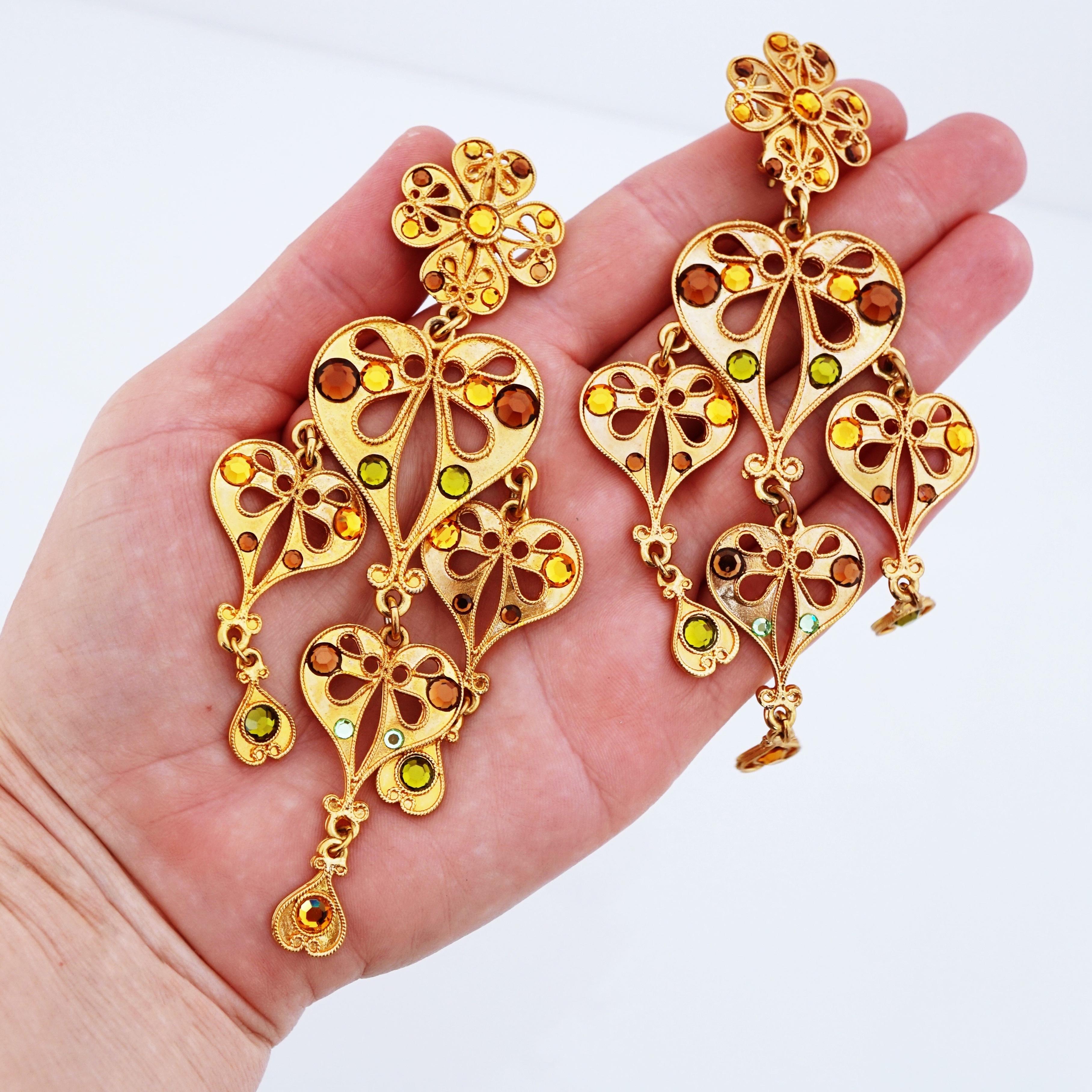 Byzantine Style Heart Chandelier Statement Earrings, 1980s For Sale 1