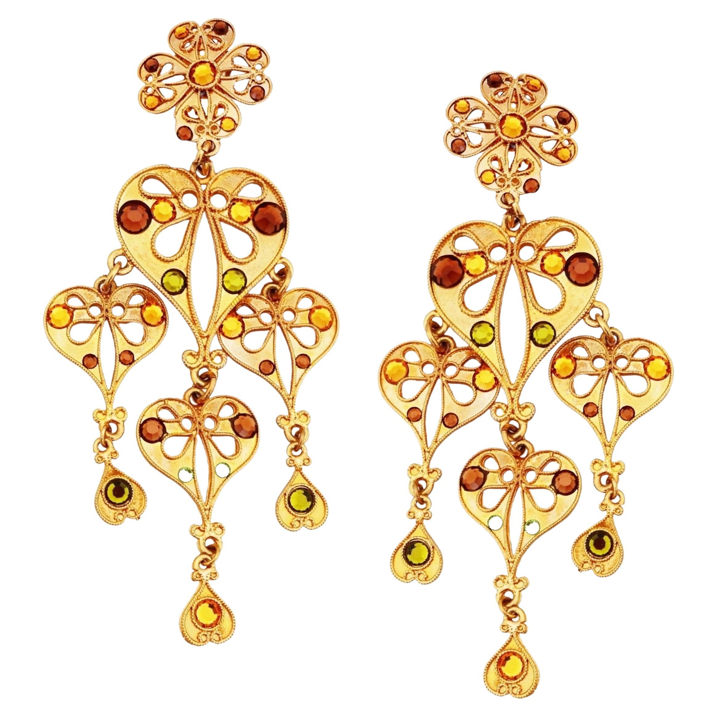 Byzantine Style Heart Chandelier Statement Earrings, 1980s For Sale