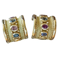Byzantine Style Solid 18 K Yellow Gold Fancy Sapphire Earclips