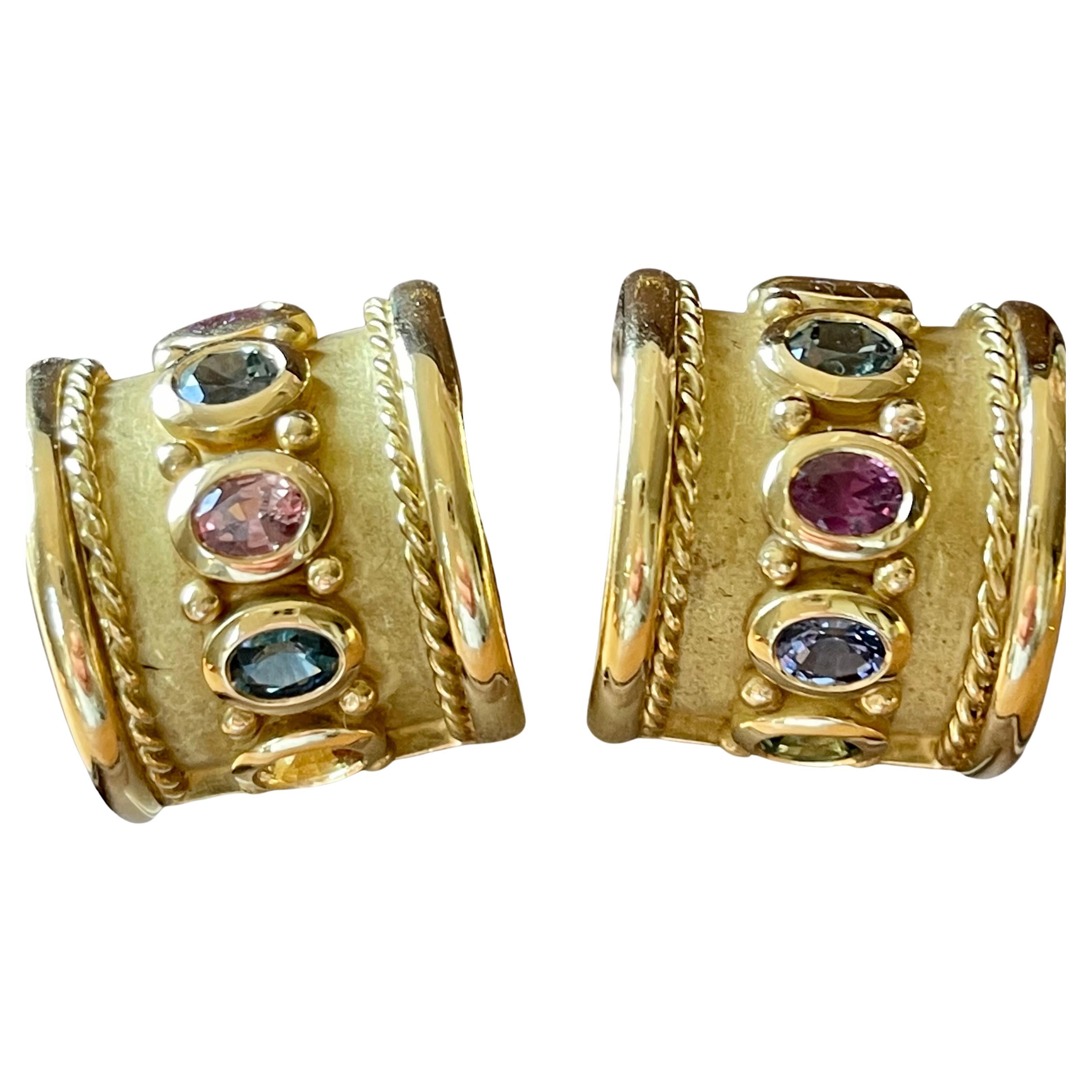 Byzantine Style Solid 18 K Yellow Gold Fancy Sapphire Earclips For Sale