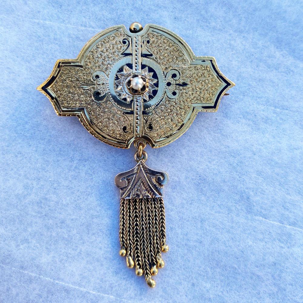 Byzantine, Tassel Gold and Enamel Brooch Pin 
This Circa 1800's Brooch is Byzantine styled and measures 2-1/4 x 1-1/2 