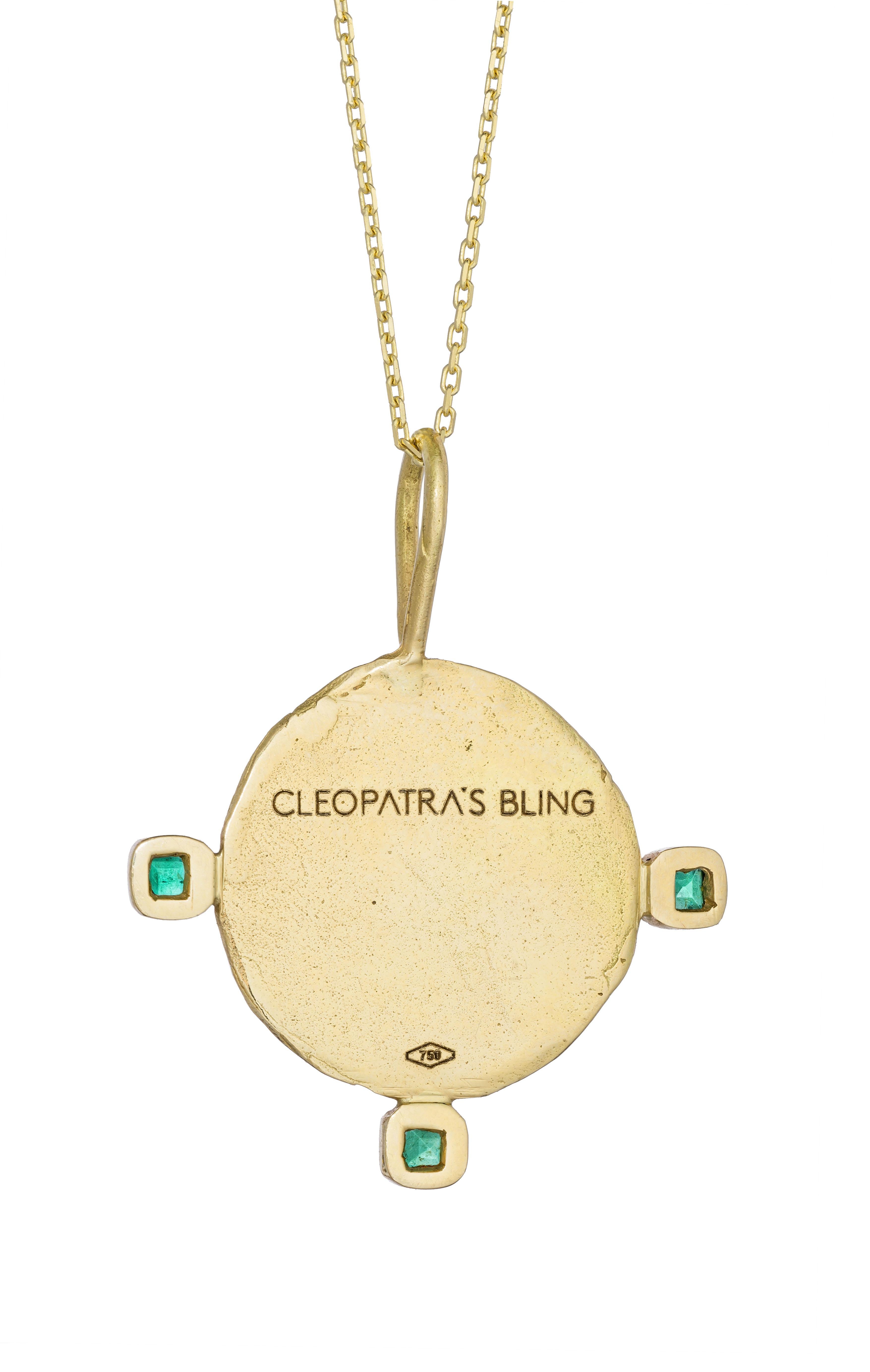 Byzantine Venice Domino Contrarini Medallion with Emeralds, 18 Karat Yellow Gold
Handcrafted and individually cast in 18-karat solid yellow gold. Olivia carves each piece from wax, making these pendants unique, which we believe is what gives them