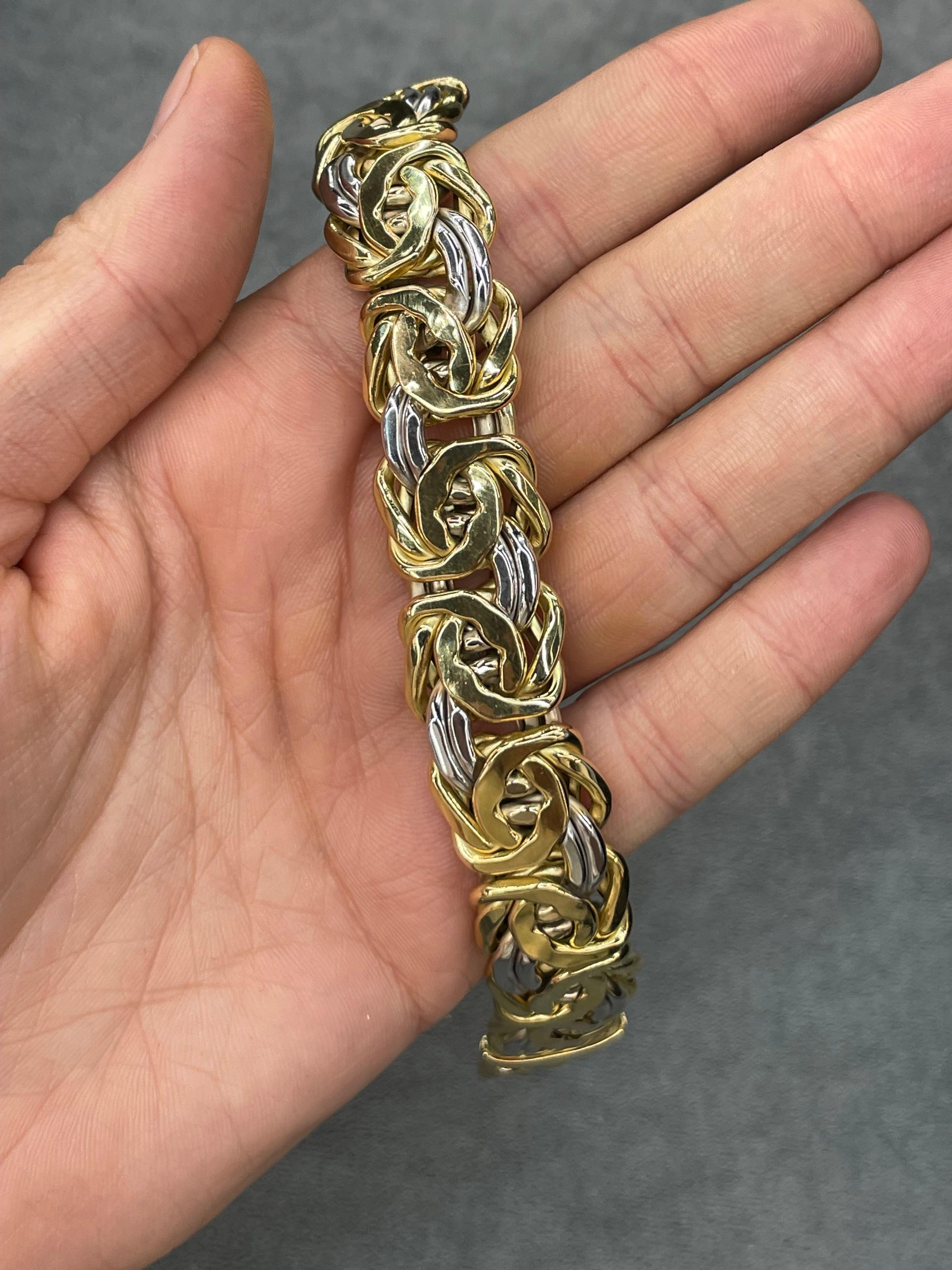 Byzantine Wide Two Tone White Yellow Gold Bracelet 31.9 Grams 18 Karat Gold In Excellent Condition For Sale In New York, NY