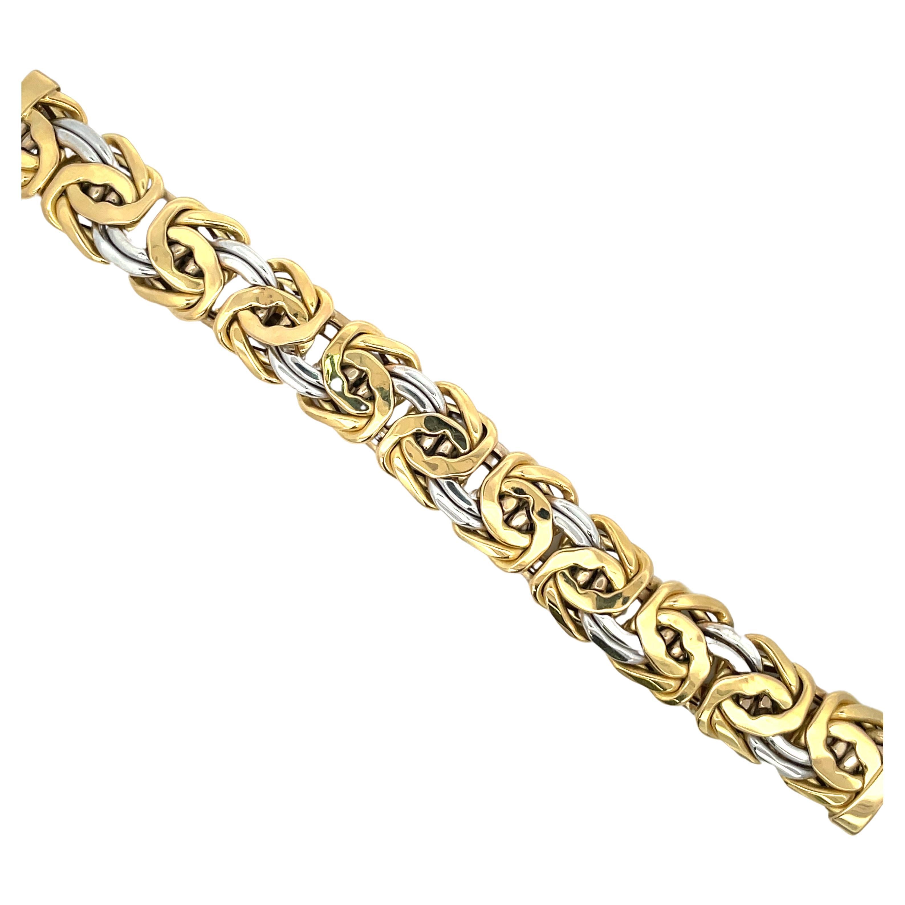 Byzantine Wide Two Tone White Yellow Gold Bracelet 31.9 Grams 18 Karat Gold For Sale