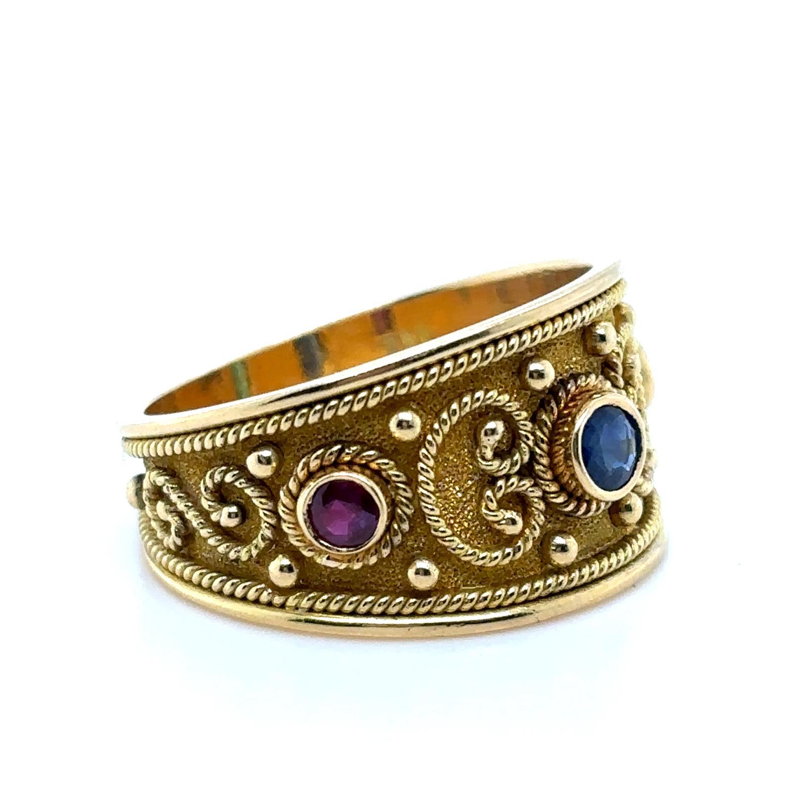 Retro Byzantium Style Emerald Sapphire Ruby Ring 18 Karat Yellow Gold For Sale