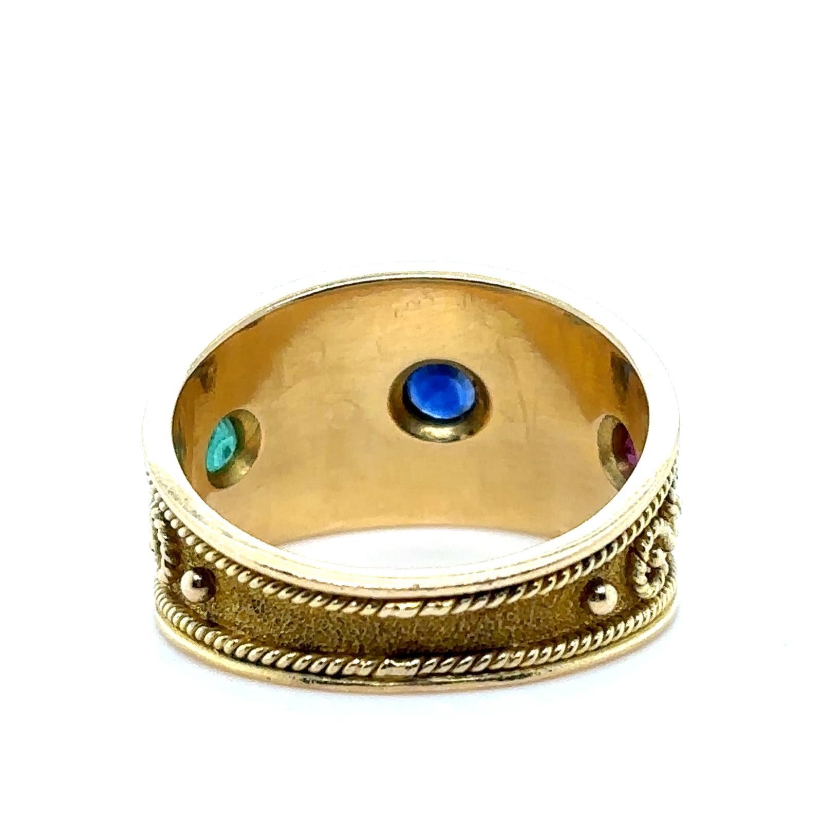 Women's Byzantium Style Emerald Sapphire Ruby Ring 18 Karat Yellow Gold For Sale