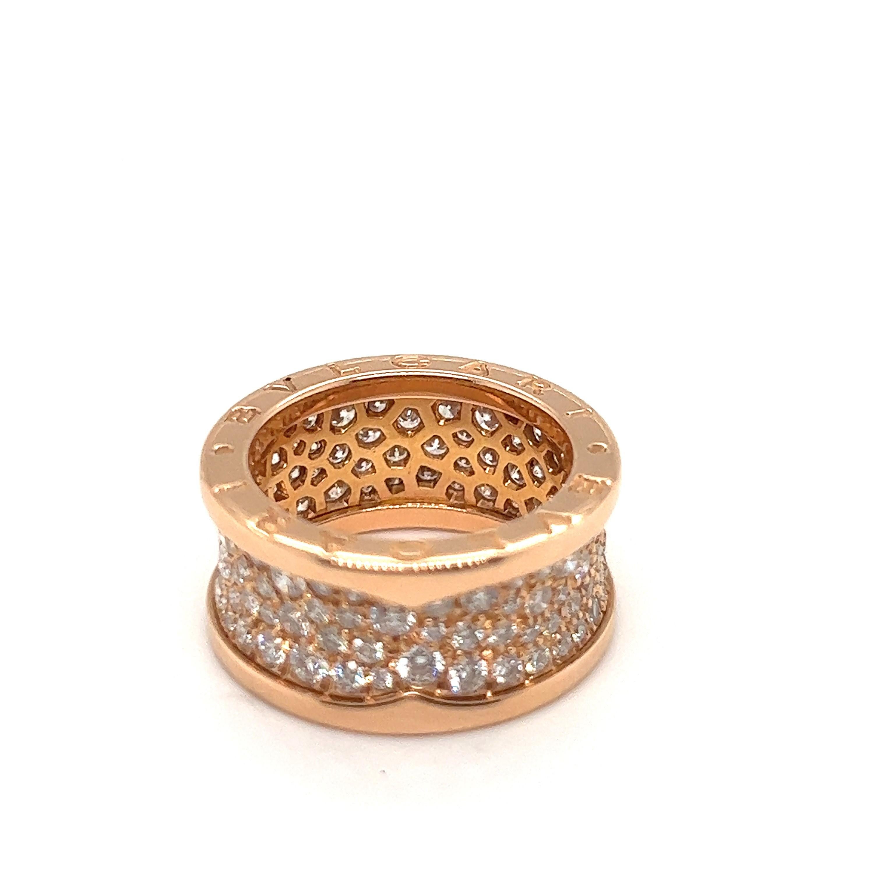 This Bulgari B.Zero1 ring features 2.12 carats of diamonds pave diamonds set in 18K rose gold. Made in Italy. Signed BVLGARI. 
Size 51 - 5.75
Retail Price - 20,900$