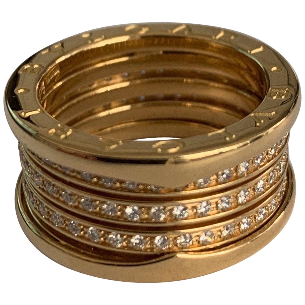 BZERO1 Bague en or jaune 18 carats à 3 anneaux avec pavè en diamants