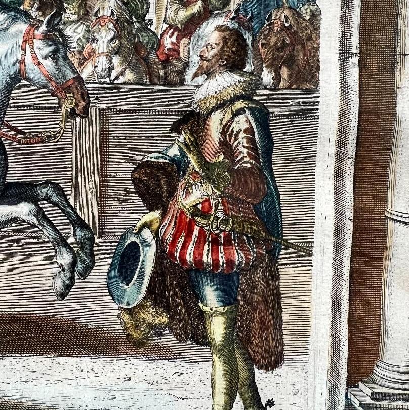 C. 1625 nach Antoine de Pluvinel, „Henry IV, montiert“, handkolorierte Gravur im Angebot 2