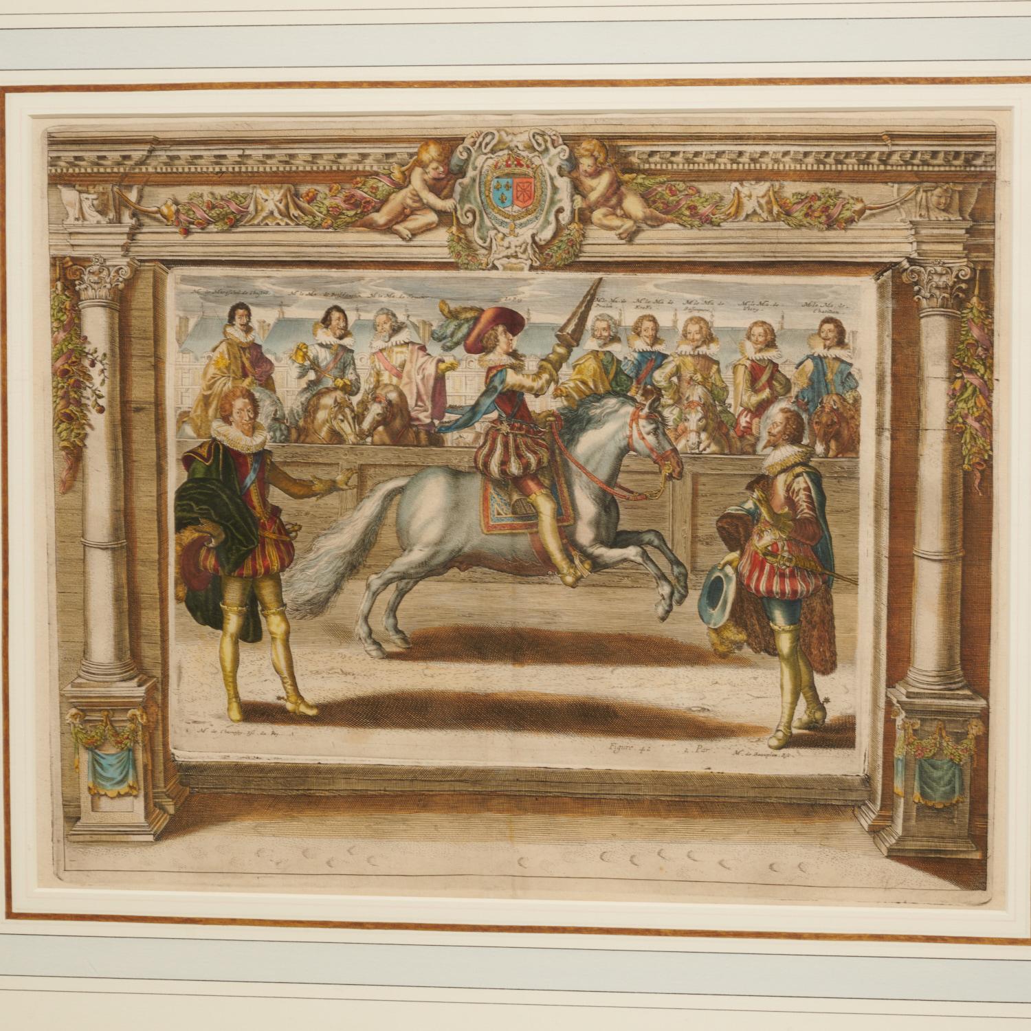 Early 17th century, French hand colored equestrian engraving. After Antoine de Pluvinel (French, 1552-1620), 