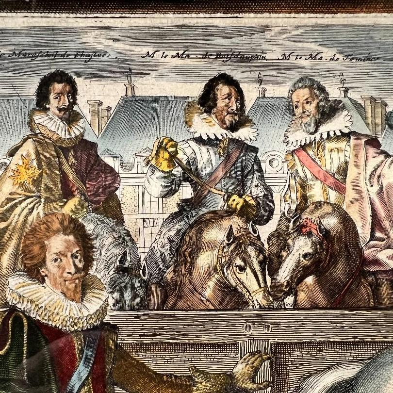 C. 1625 nach Antoine de Pluvinel, „Henry IV, montiert“, handkolorierte Gravur (Französisch) im Angebot