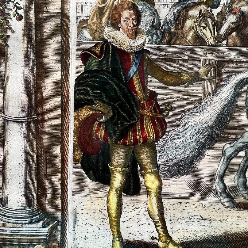 C. 1625 nach Antoine de Pluvinel, „Henry IV, montiert“, handkolorierte Gravur (17. Jahrhundert) im Angebot